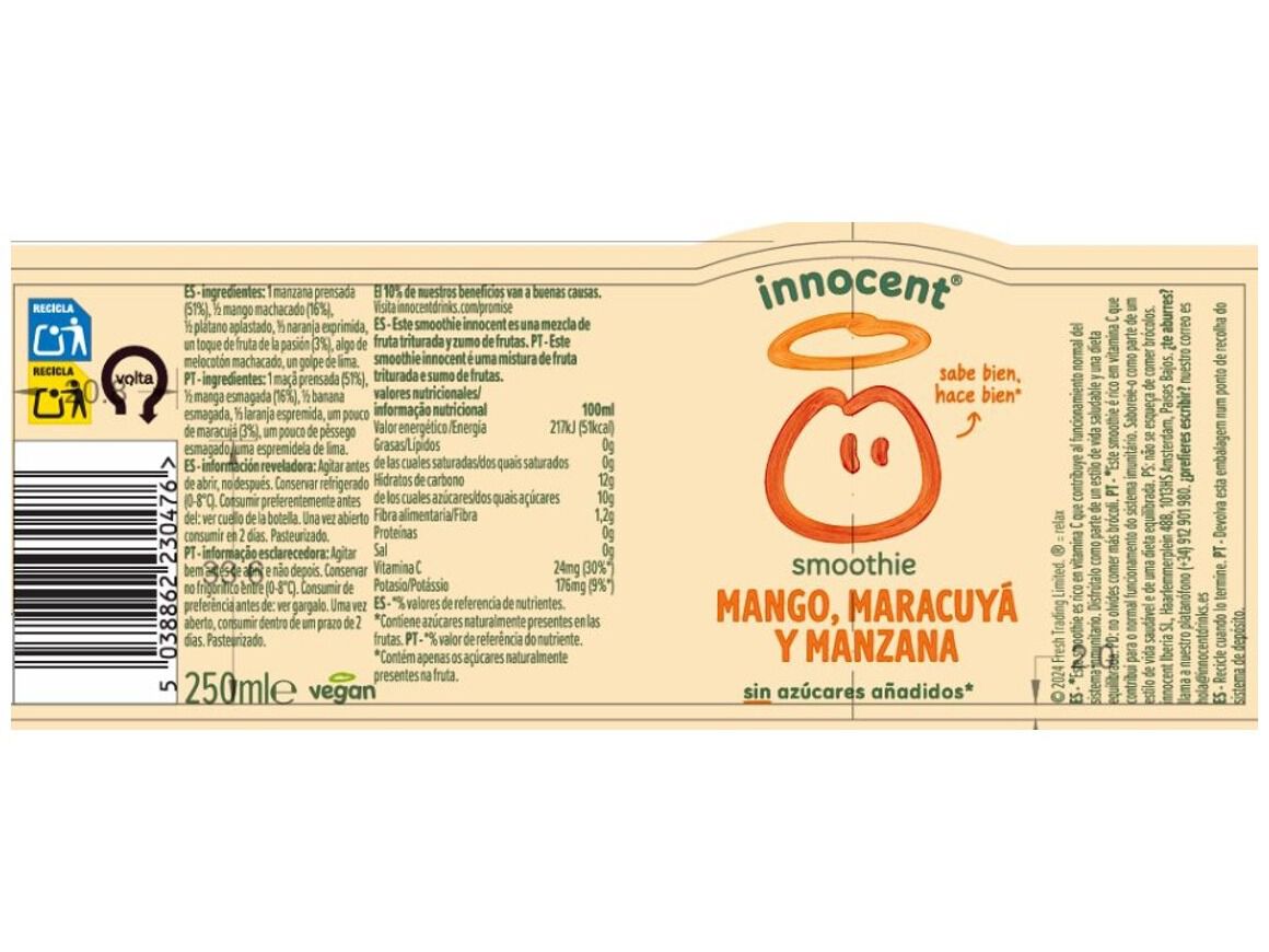SMOOTHIE INNOCENT MANGA MARACUJ&Aacute; MA&Ccedil;&Atilde; 250ML (SDR) image number 1