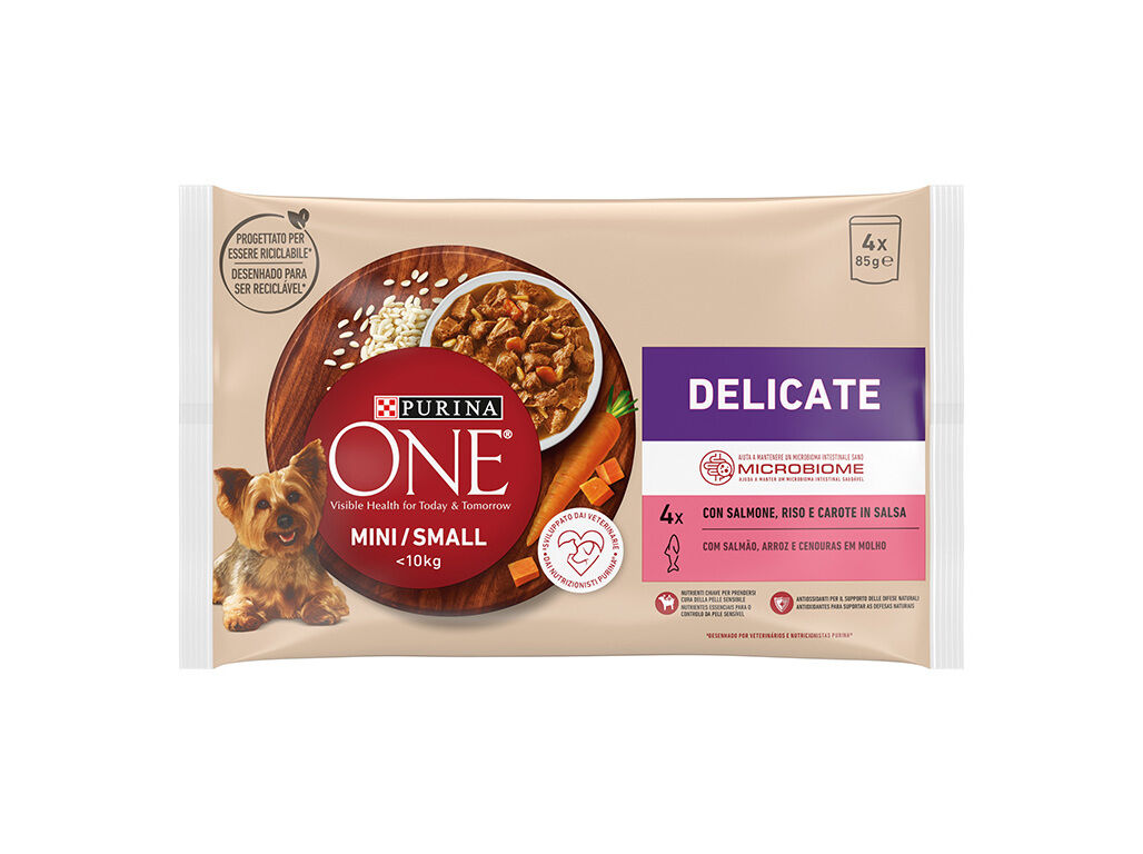 COMIDA H&Uacute;MIDA PARA C&Atilde;O MINI PURINA ONE MINI DELICATE 4X85G image number 1