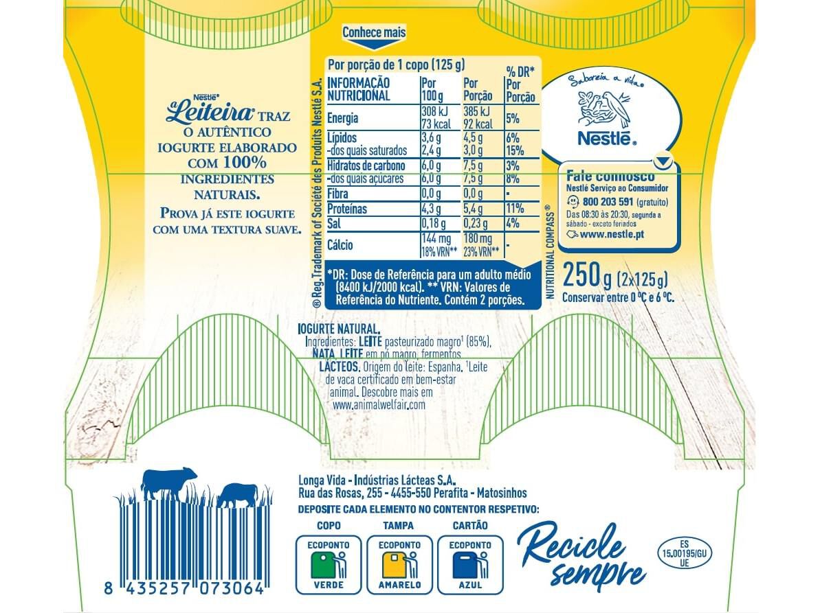 IOGURTE A LEITEIRA VIDRO NATURAL 2X125G image number 1