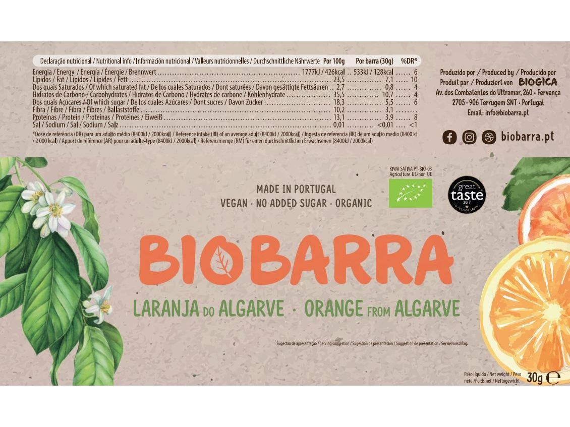 BARRA ENERG&Eacute;TICA BIOBARRA SEM GL&Uacute;TEN LARANJA BIO 30G image number 1