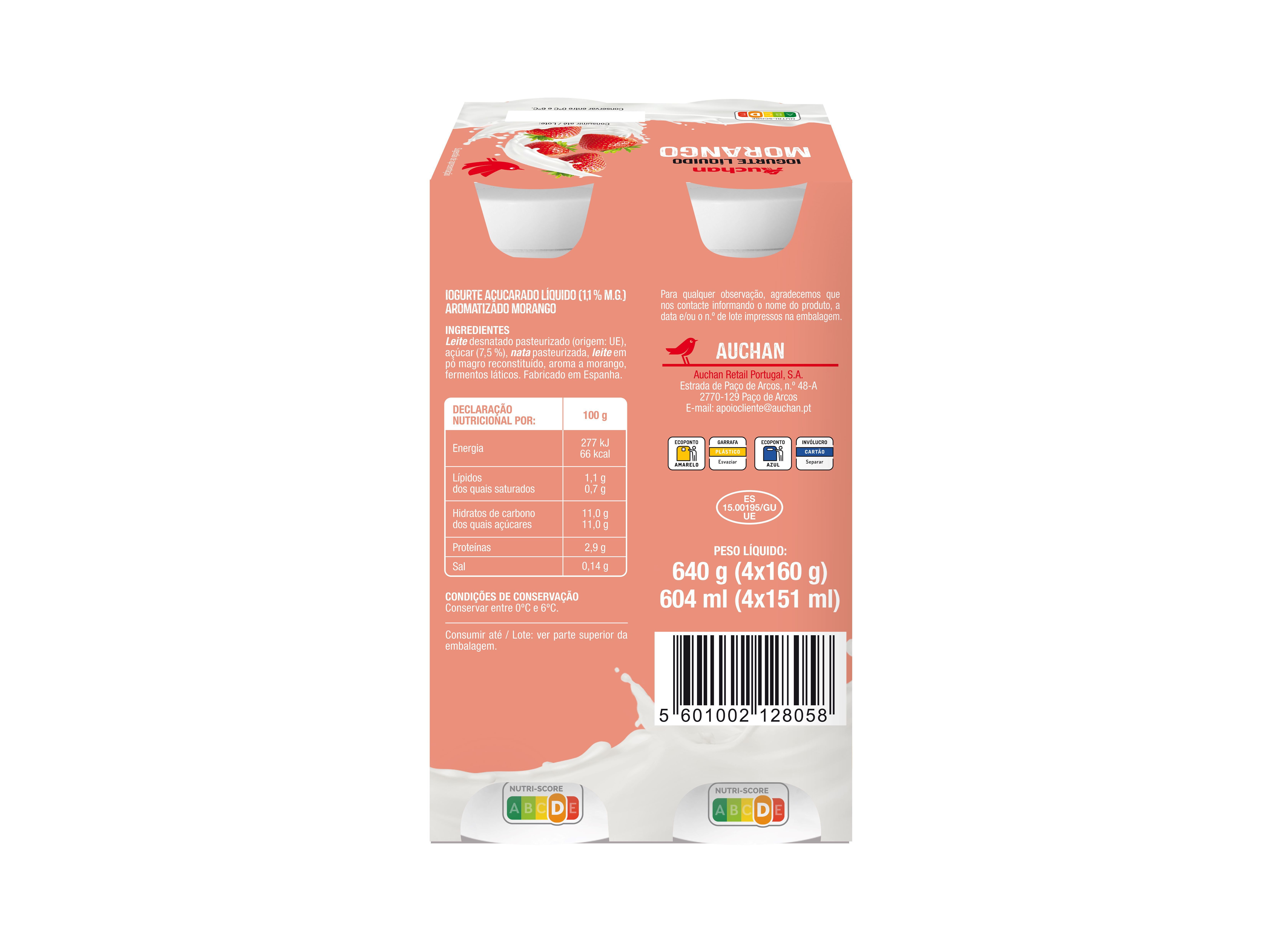 IOGURTE LIQUIDO AUCHAN MORANGO 4X160G image number 1