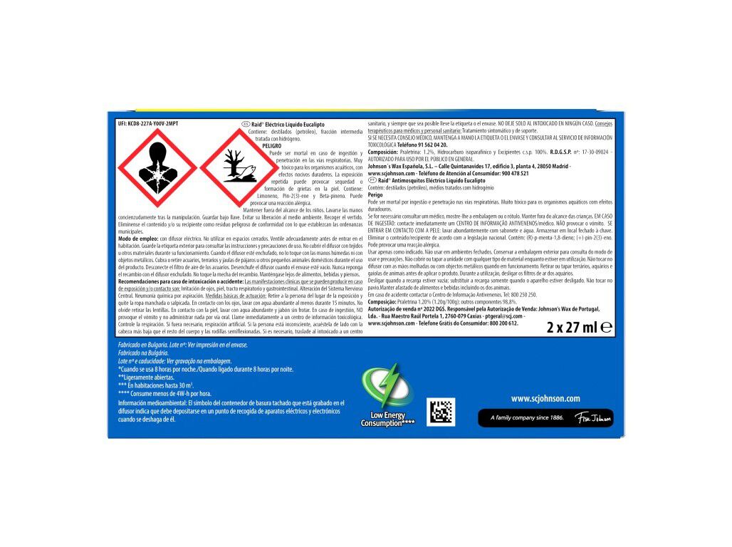 INSECTICIDA EL&Eacute;CTRICO RAID EUCALIPTO APARELHO+2 RECARGA 2X27ML image number 1