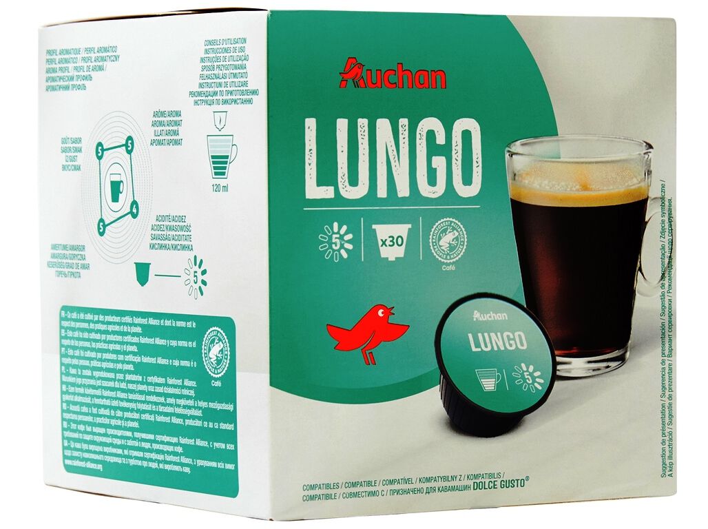 C&Aacute;PSULAS AUCHAN CAF&Eacute; COMPAT&Iacute;VEL DOLCE GUSTO LUNGO 30UN