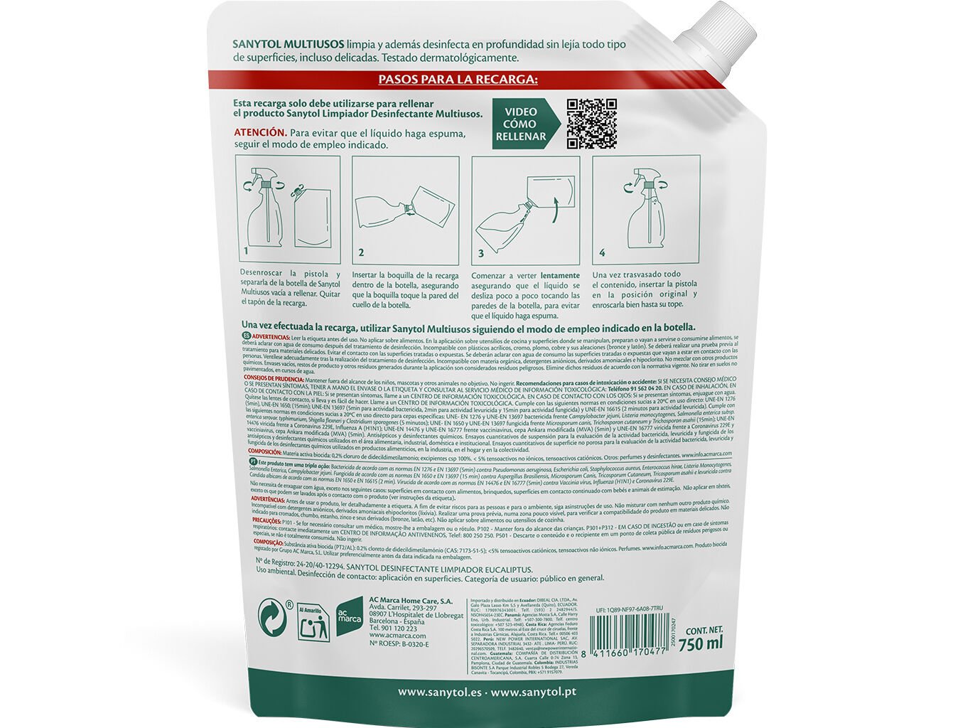 LIMPADOR DESINFETANTE SANYTOL MULTIUSOS RECARGA 750 ML image number 1