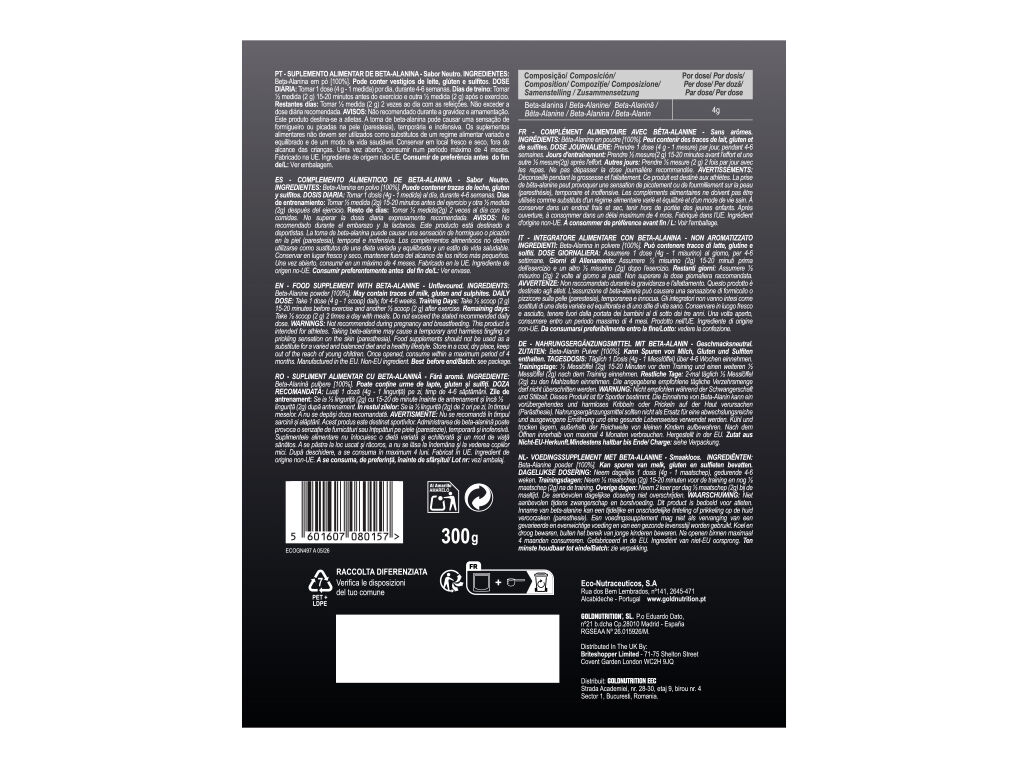 AMINO&Aacute;CIDOS GOLDNUTRITION BETA-ALANINA SEM SABOR 300G image number 1