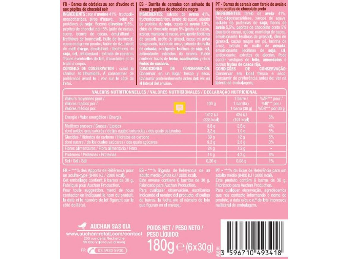 BARRA DE CEREAIS AUCHAN LESS SUGAR AVEIA E CHOCOLATE 6UN 180G image number 1