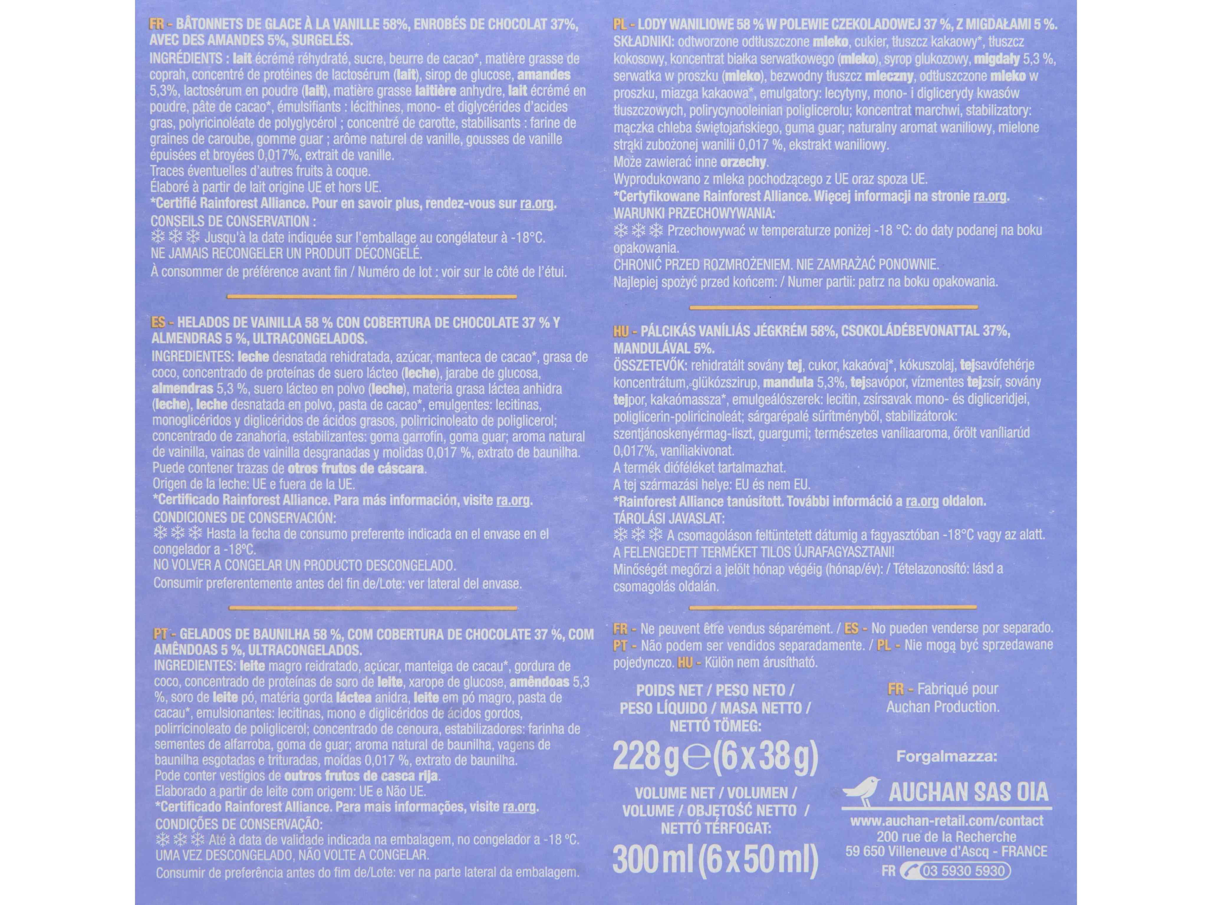 GELADO PALITO AUCHAN MINI BAUNILHA AM&Ecirc;NDOA 6X50ML image number 2