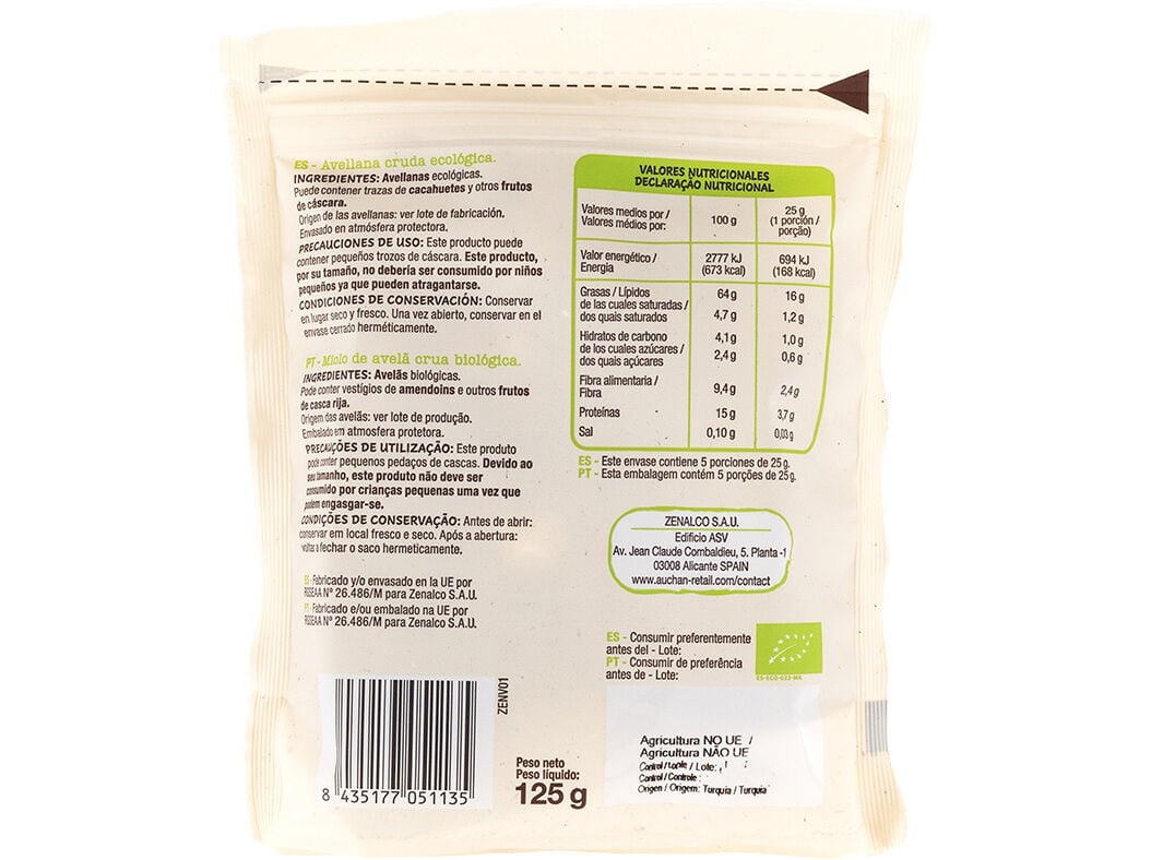 MIOLO DE AVEL&Atilde; AUCHAN BIO 125 G image number 1