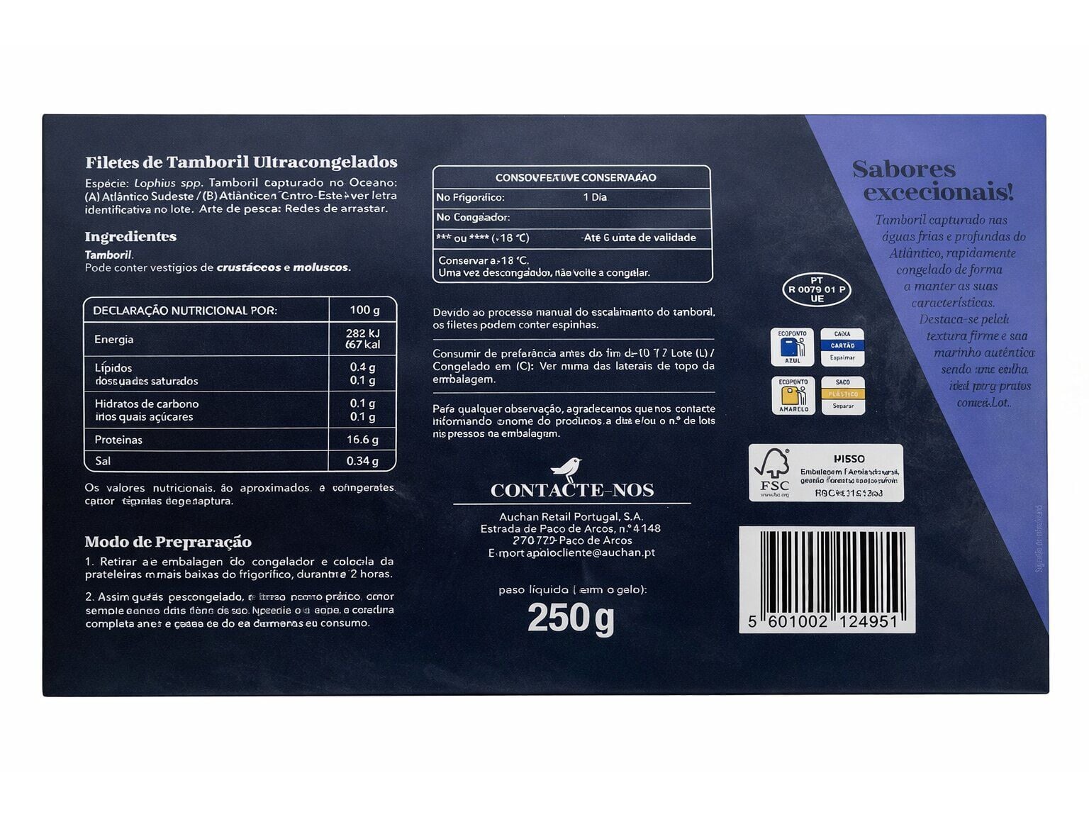 FILETES DE TAMBORIL AUCHAN COLLECTION DO CABO ULTRACONGELADO 250G image number 1