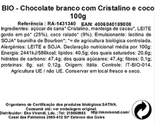 CHOCOLATE BRANCO RAPUNZEL COCO BIO 100G