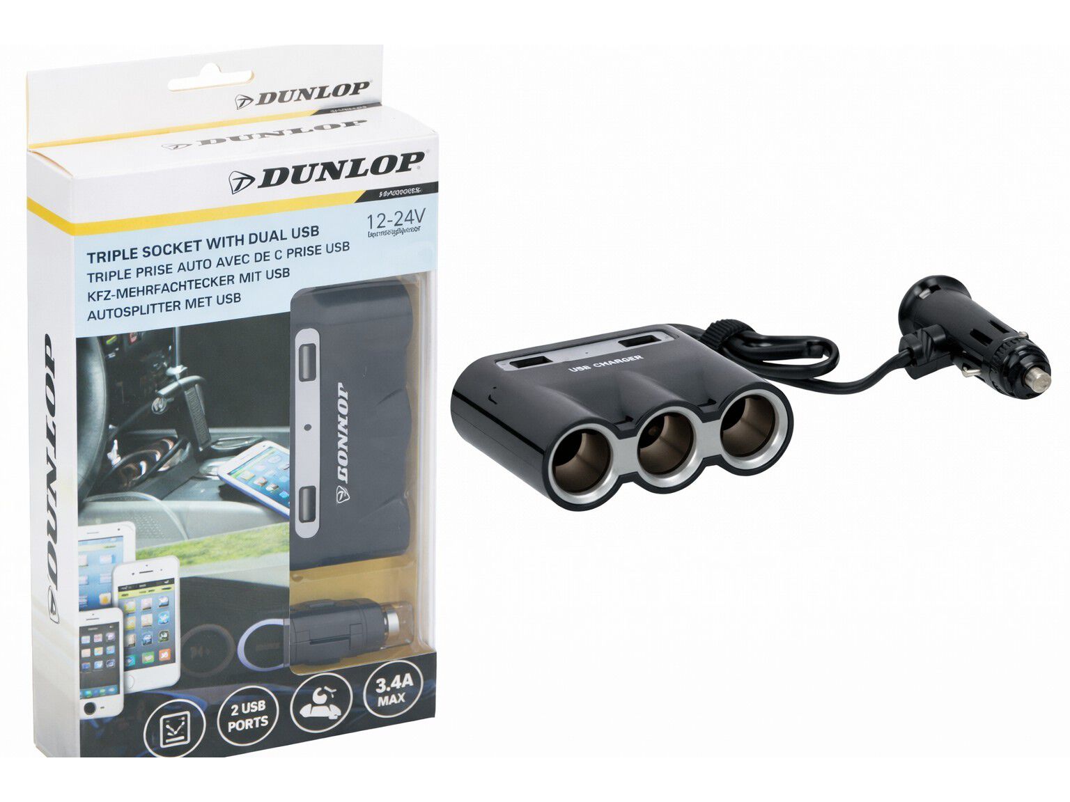 TOMADA PARA CARRO TOPBRANDS 3&times;12-24V E 2 PORTAS USB image number 1