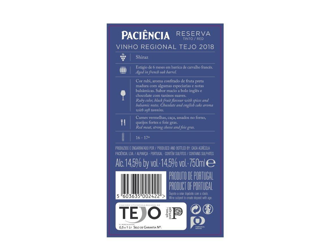 VINHO TINTO PACI&Ecirc;NCIA SHIRAZ RESERVA TEJO 0.75L image number 1