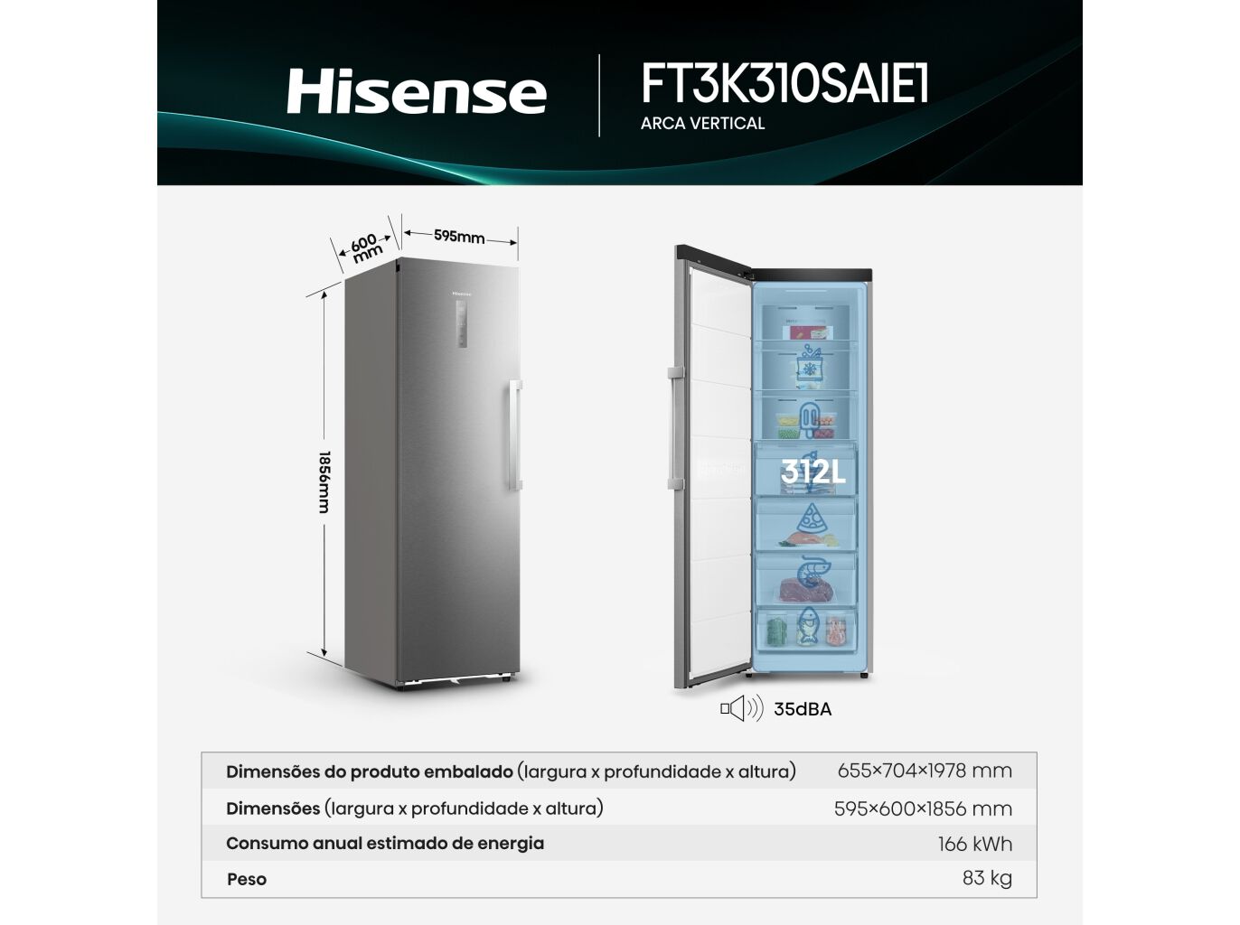 ARCA CONGELADORA VERTICAL HISENSE KITCHEN FIT FT3K310SAIE1 (NO FROST - 185.6 CM - 312 L - INOX) image number 2