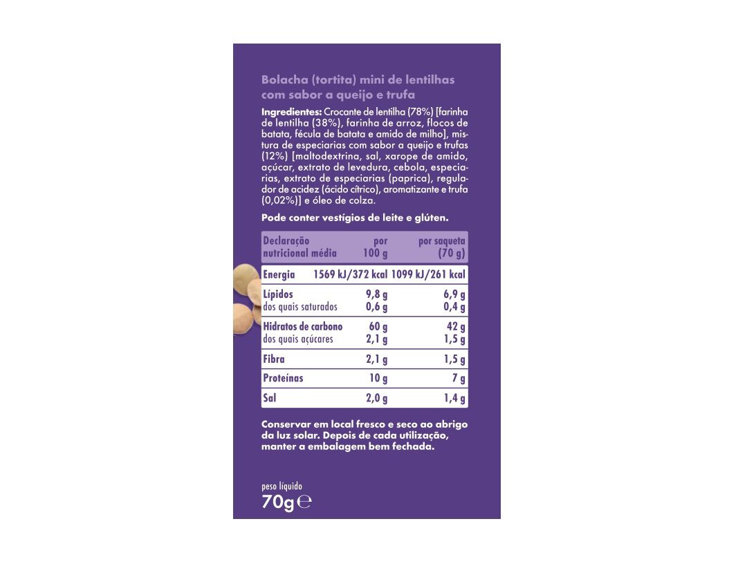 TORTITAS SALUTEM MINI LENTILHAS QUEIJO TRUFA 70G image number 1