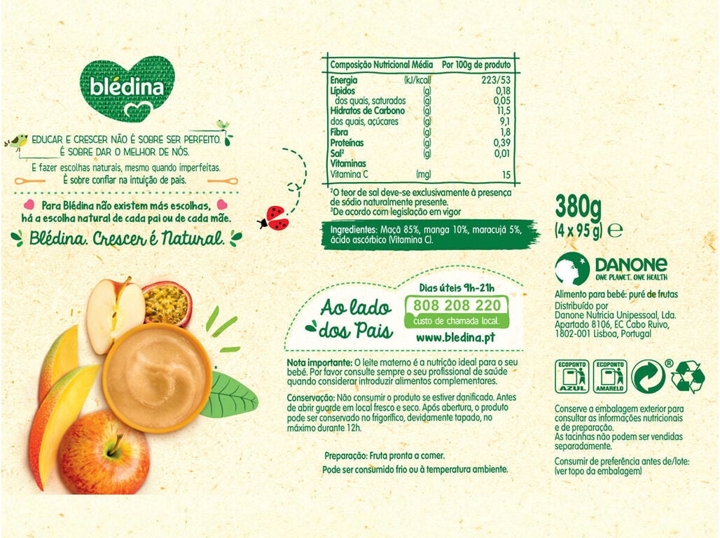 TACINHA FRUTA BL&Eacute;DINA 100% MA&Ccedil;&Atilde; MANGA E MARACUJ&Aacute; 4X95G image number 1