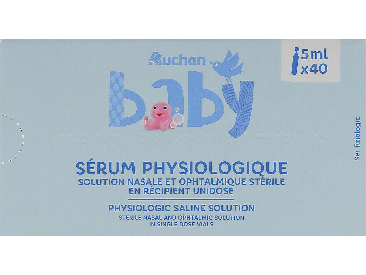 SORO FISIOL&Oacute;GICO AUCHAN BABY SOLU&Ccedil;&Atilde;O NASAL E OFTALMOL&Oacute;GICA EST&Eacute;RIL UNIDOSES 40X5ML image number 1
