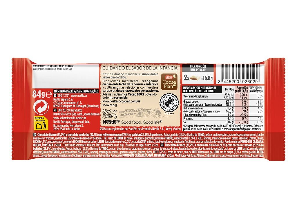 CHOCOLATE NESTL&Eacute; EXTRAFINO C/ RECHEIO FILIPINOS BRANCO 84G image number 1