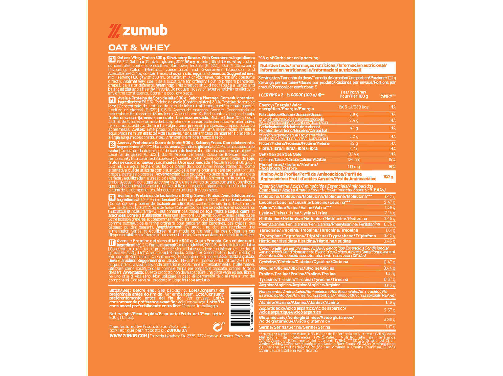 PROTEINA ZUMUB AVEIA & WHEY MORANGO 500 G image number 1