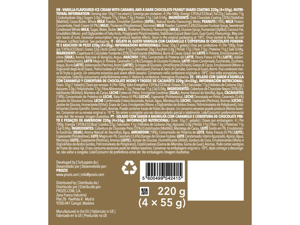 GELADO PROZIS MELTY CHOCOLATE PRETO CARAMELO & AMENDOIM 220G (4X55G) image number 1