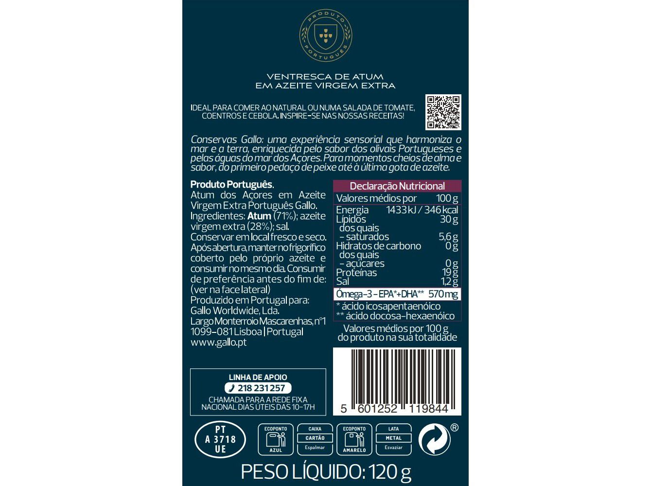 VENTRESCA DE ATUM GALLO EM AZEITE VE 120(85)G image number 1