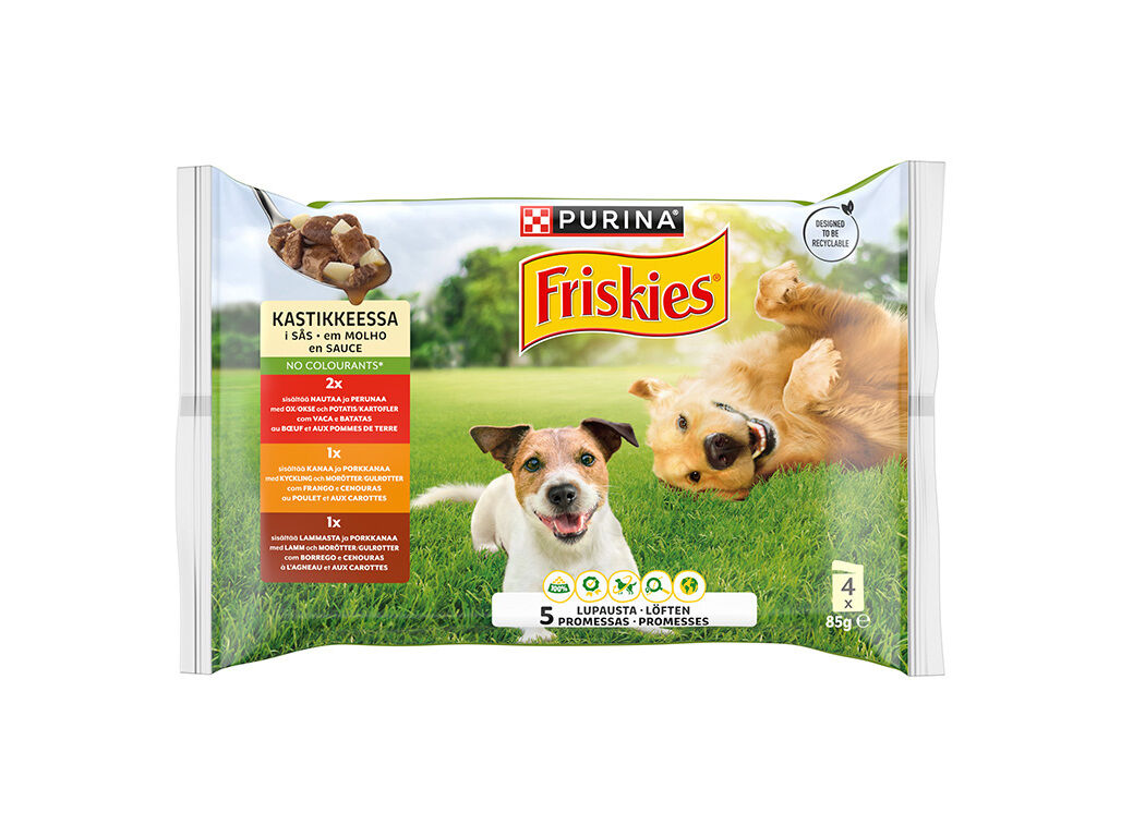 COMIDA H&Uacute;MIDA C&Atilde;O ADULTO FRISKIES MOLHO VACA/FRANGO/BORREGO 4X85G image number 1