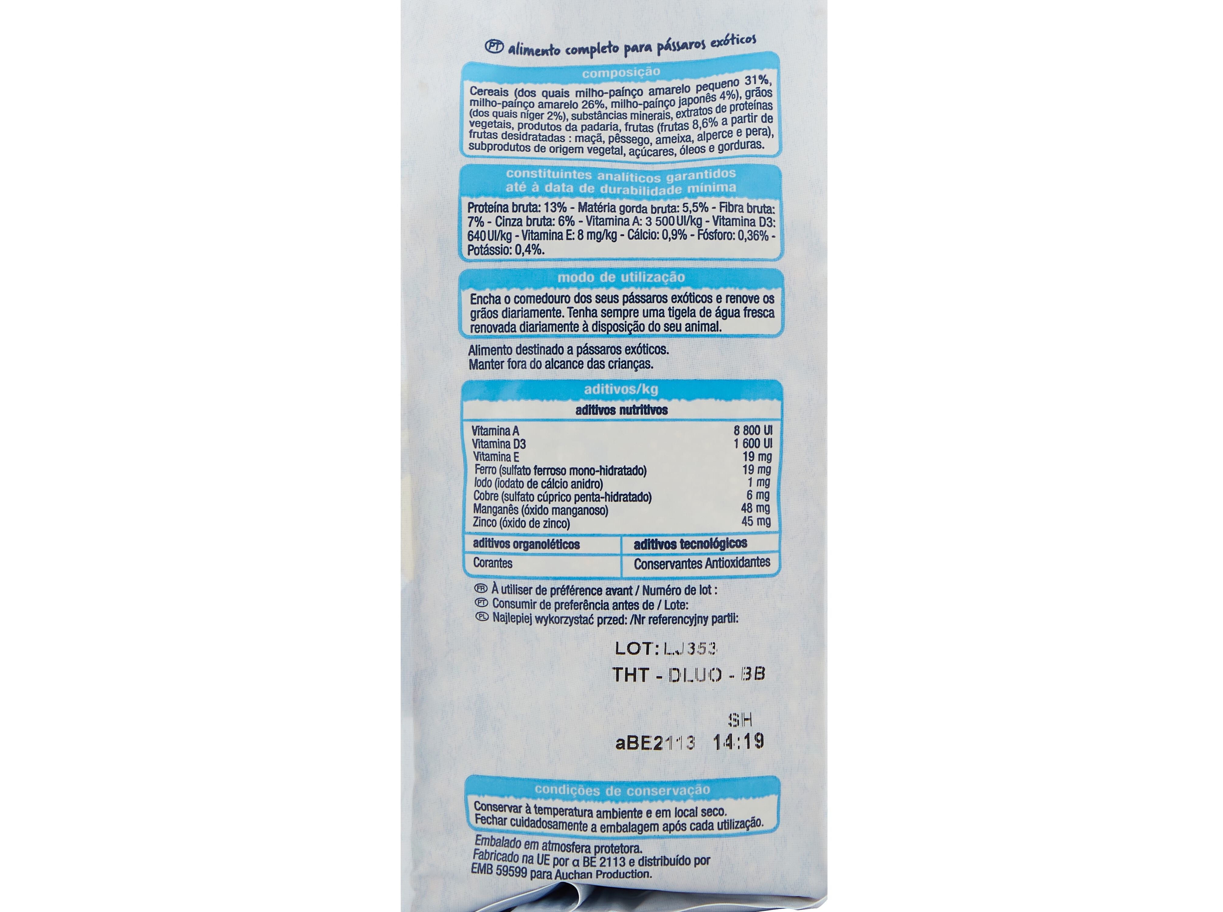 COMIDA PARA P&Aacute;SSAROS EX&Oacute;TICOS AUCHAN MENU COMPLETO 800G image number 4