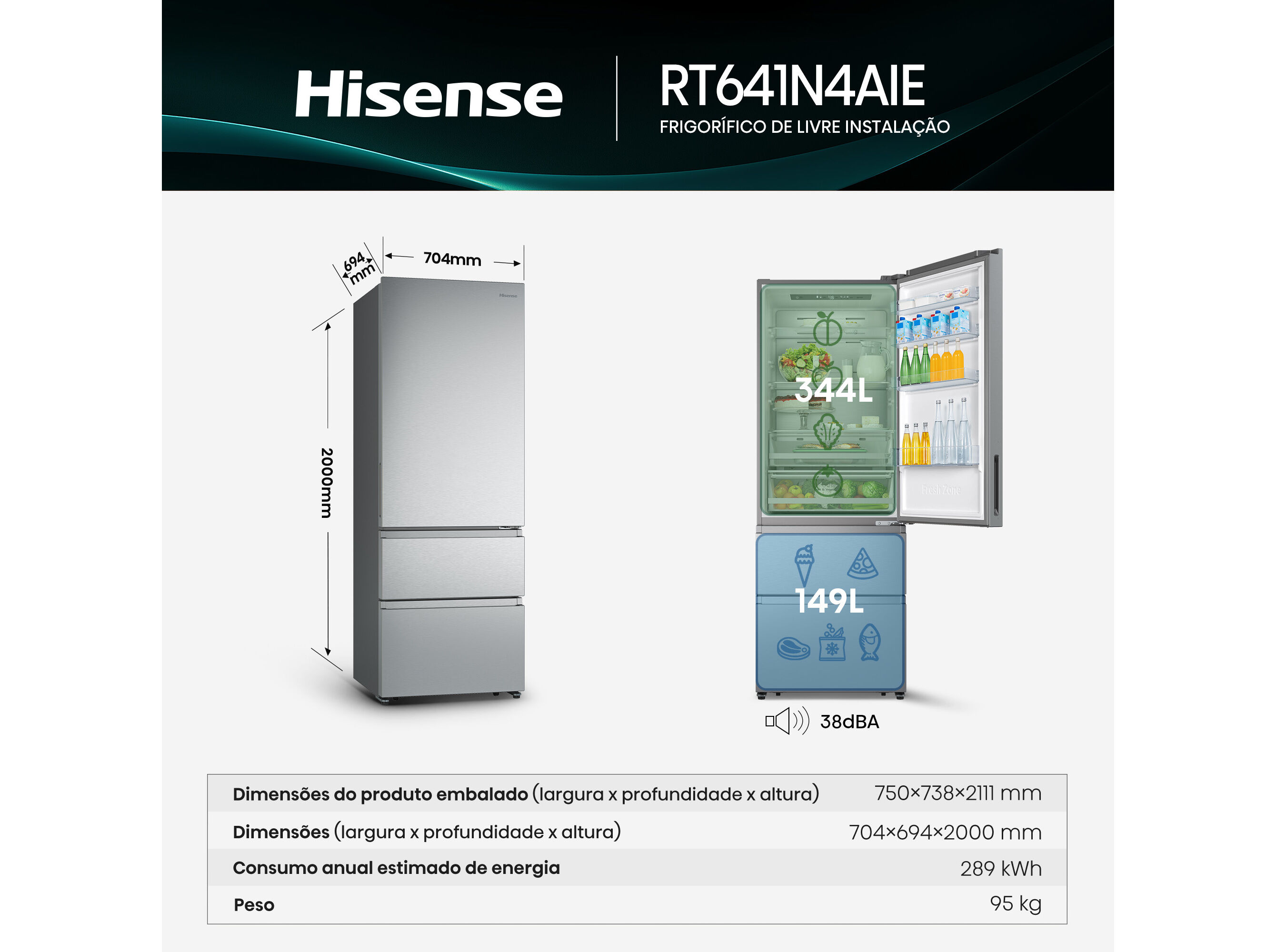 FRIGOR&Iacute;FICO COMBINADO HISENSE RT641N4AIE 3 PORTAS NO FROST E 493L image number 2