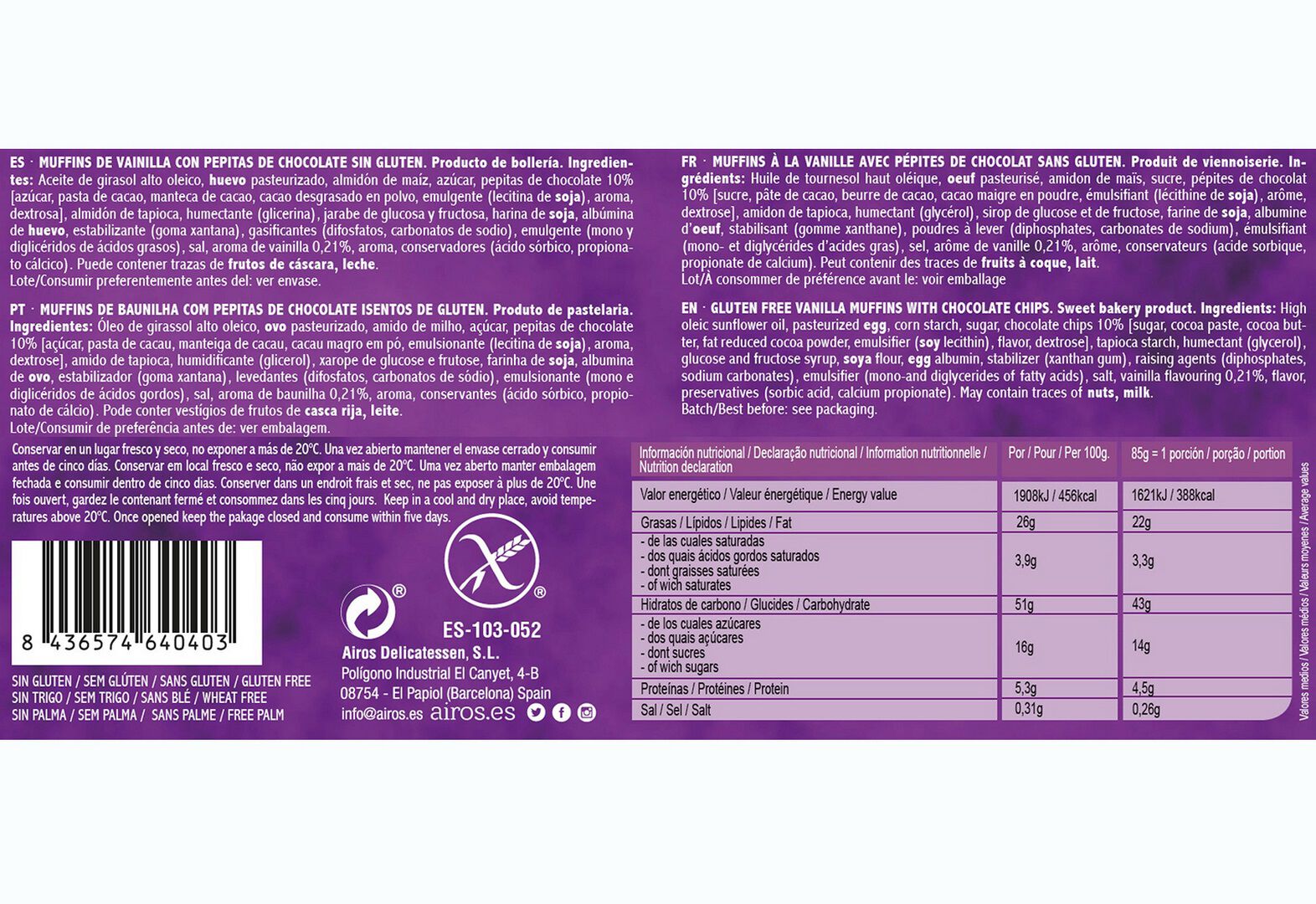 MUFFIN AIROS BAUNILHA SEM GL&Uacute;TEN 170G image number 1