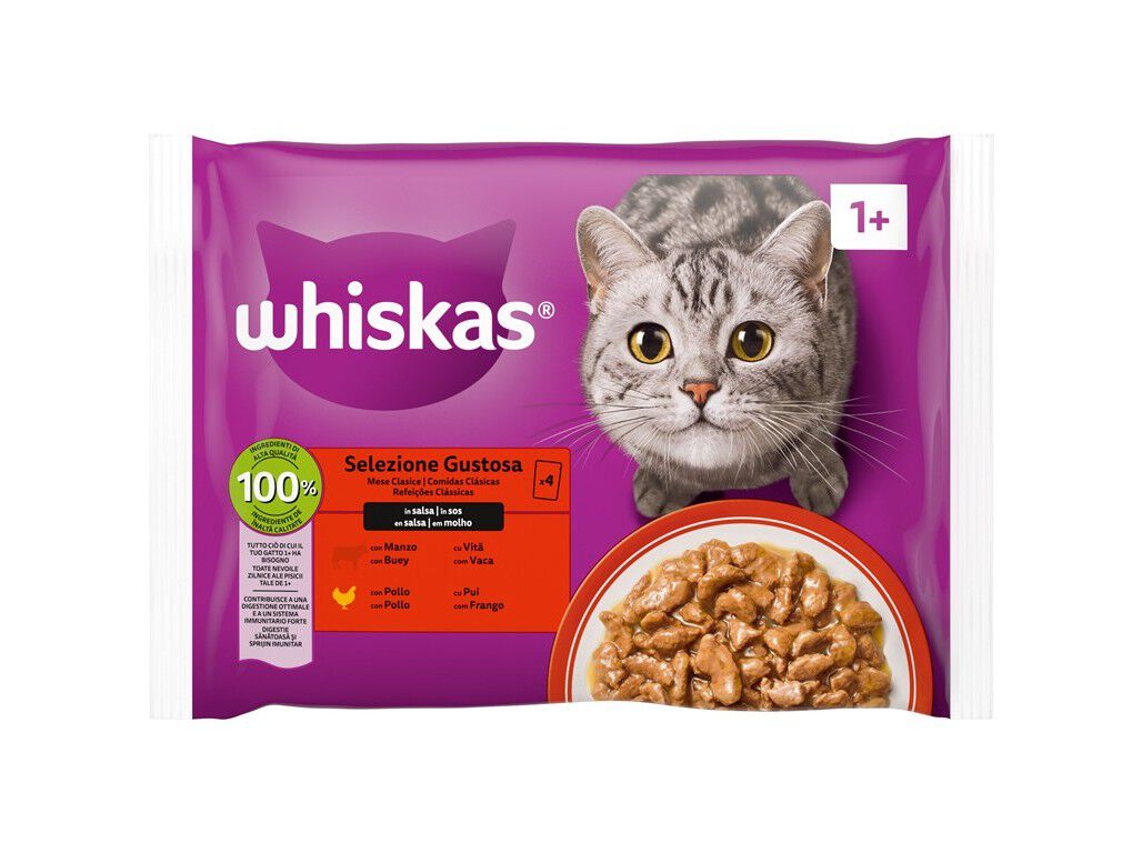 COMIDA H&Uacute;MIDA GATO WHISKAS CARNE 4X85G