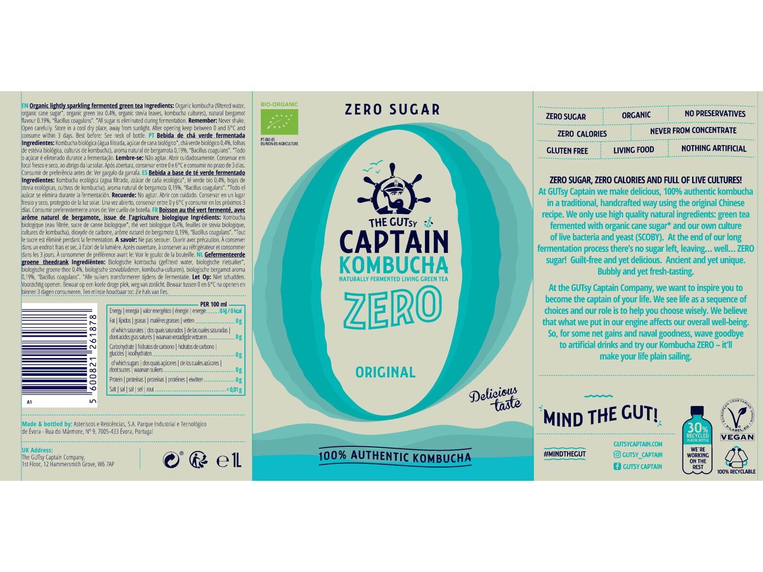 KOMBUCHA THE GUTSY CAPTAIN ORIGNAL 0%A&Ccedil;&Uacute;CARES BIO 1L image number 1