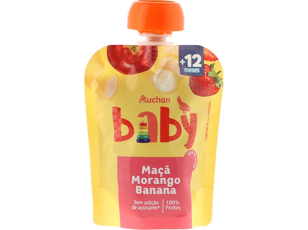SAQUETA DE FRUTA AUCHAN BABY MORANGO BANANA 90G image number 0