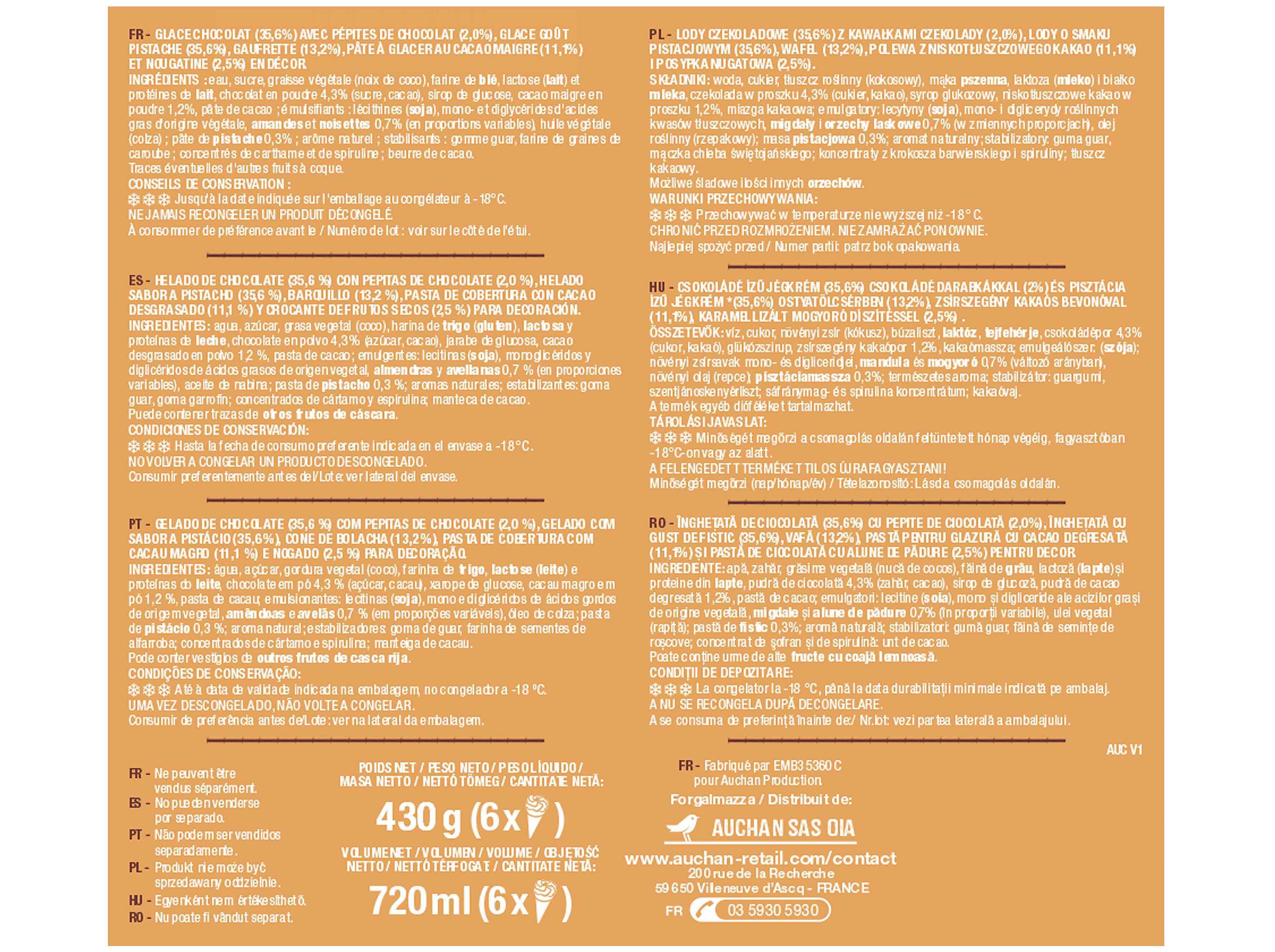 GELADO CONE AUCHAN CHOCOLATE PISTACHIO 6X120ML image number 2