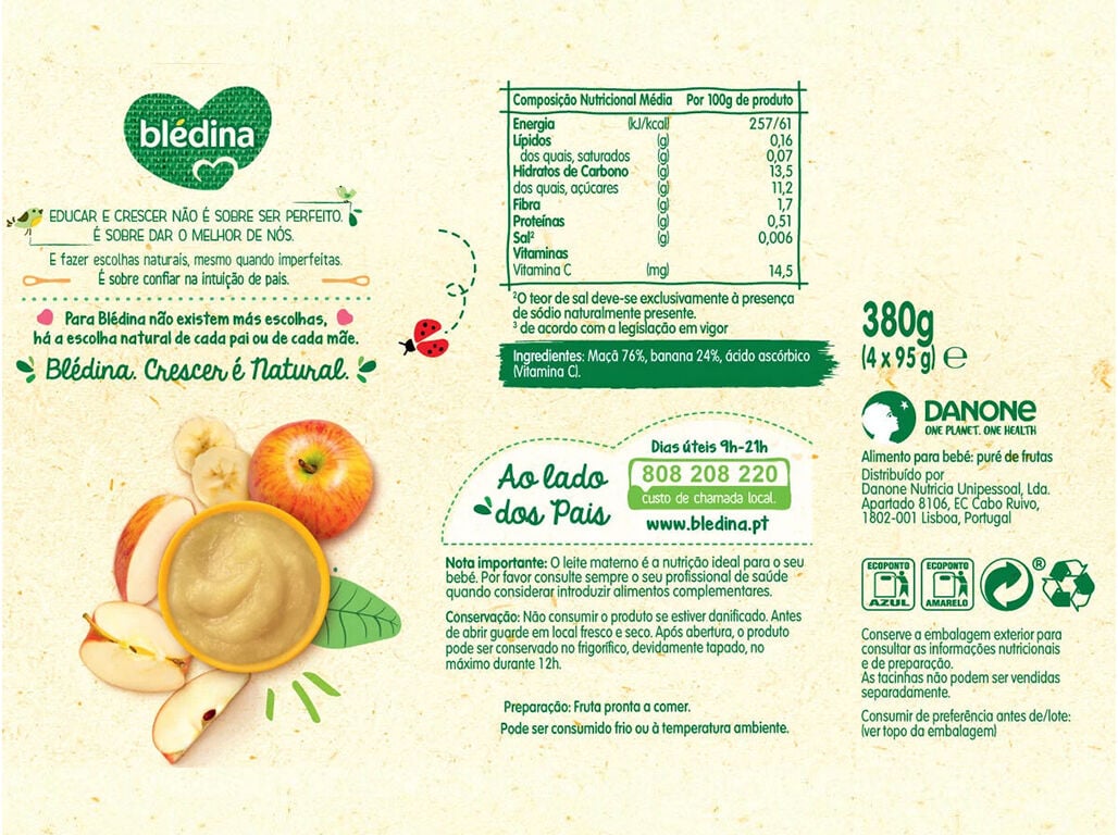 FRUTA BLEDINA 100% MA&Ccedil;&Atilde; E BANANA 4X95G image number 1