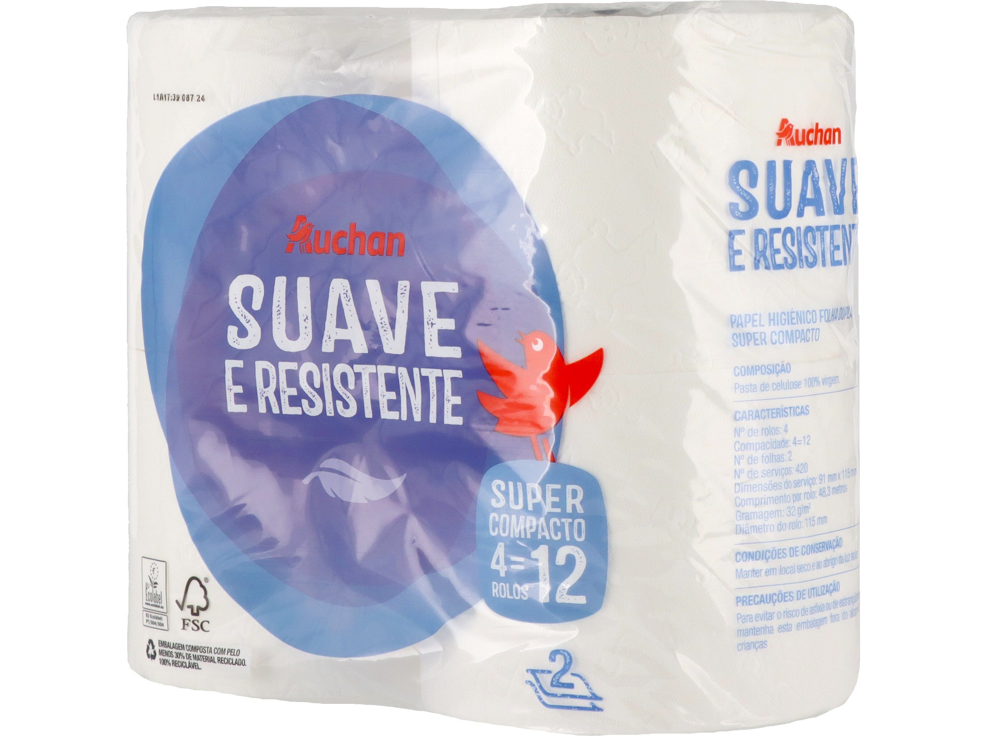 PAPEL HIGI&Eacute;NICO AUCHAN SUAVE E RESISTENTE FOLHA DUPLA SUPER COMPACTO 4 ROLOS = 12 ROLOS image number 1