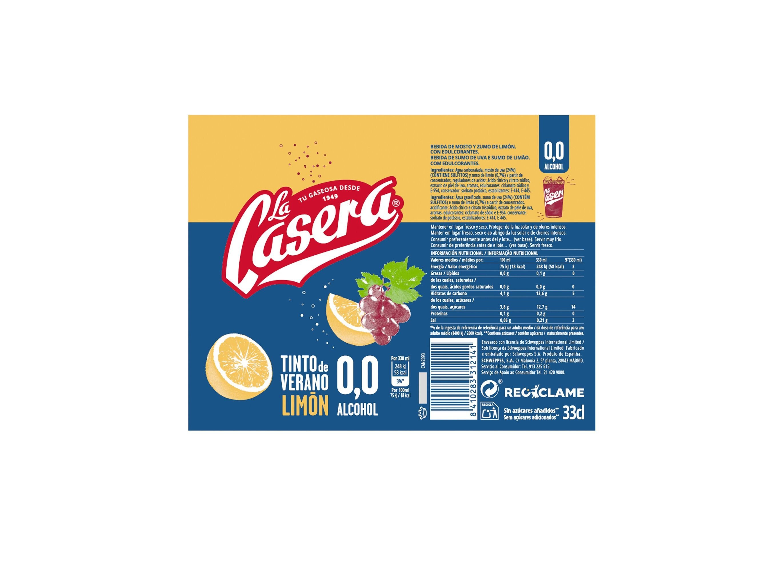 BEBIDA LA CASERA TINTO DE VER&Atilde;O LIM&Atilde;O 0% &Aacute;LCOOL 0.33L image number 1