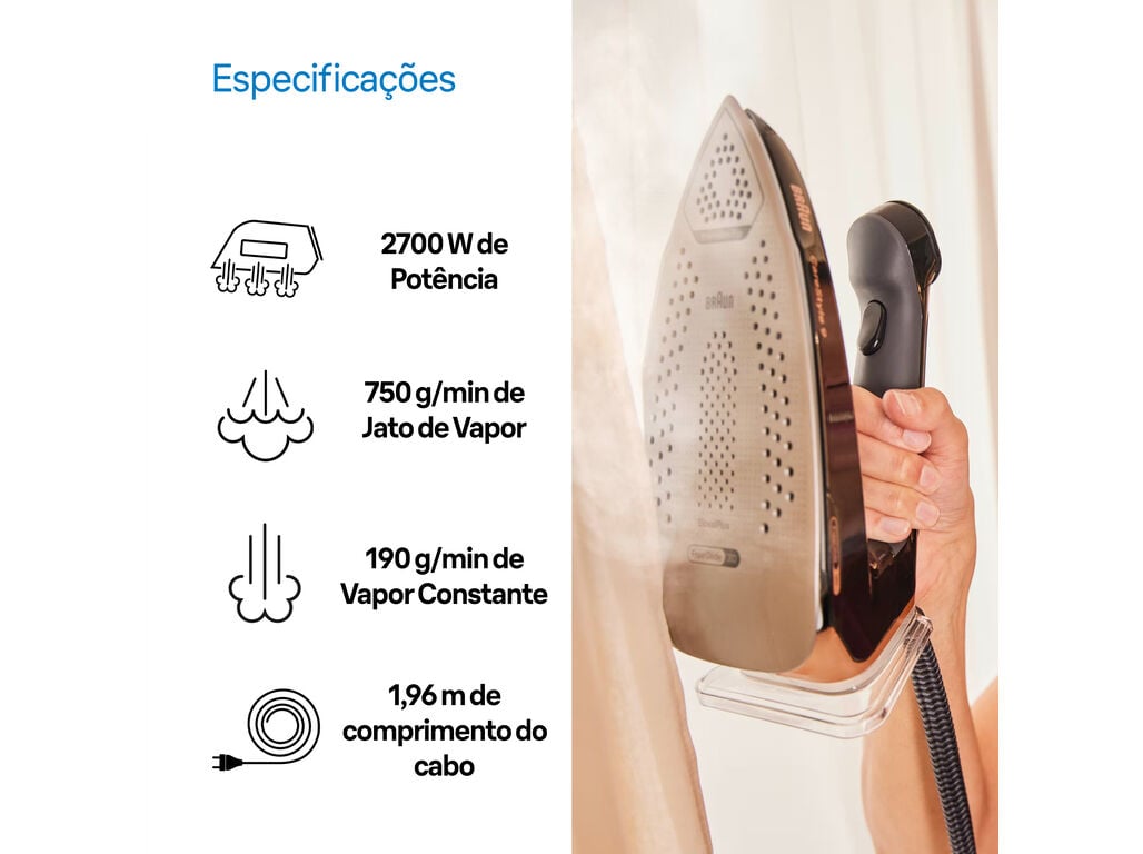 FERRO COM CALDEIRA BRAUN IS9090BK CARESTYLE 9 (PRESS&Atilde;O 9 BAR - 2700 W - JATO VAPOR 750 G/MIN) image number 6