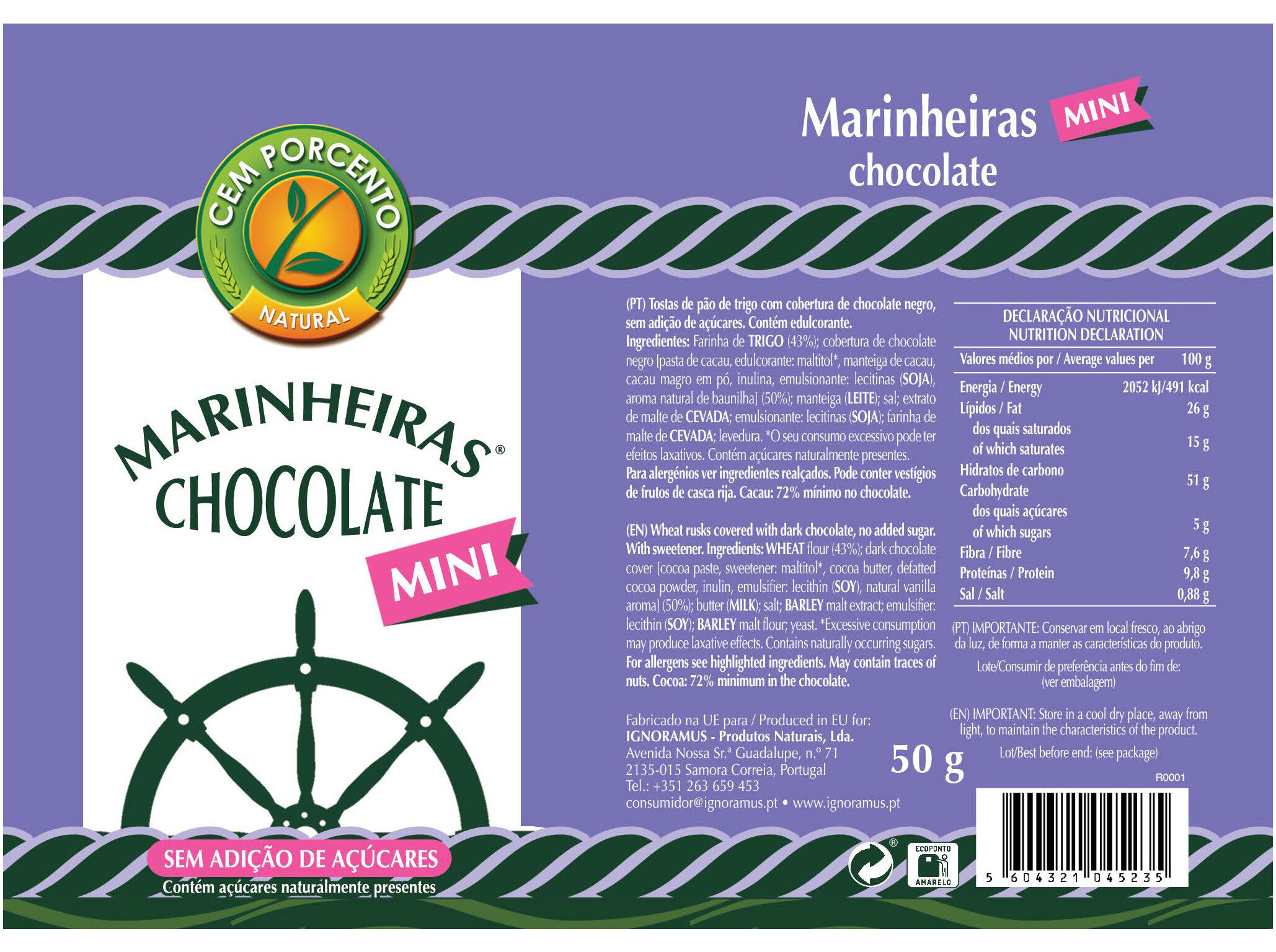 BOLACHAS CEM PORCENTO MINI MARINHEIRAS CHOCOLATE 50 G image number 1