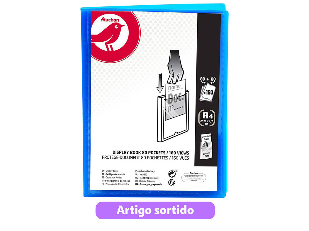 PORTF&Oacute;LIO AUCHAN A4 80+80 BOLSAS CORES SORTIDAS