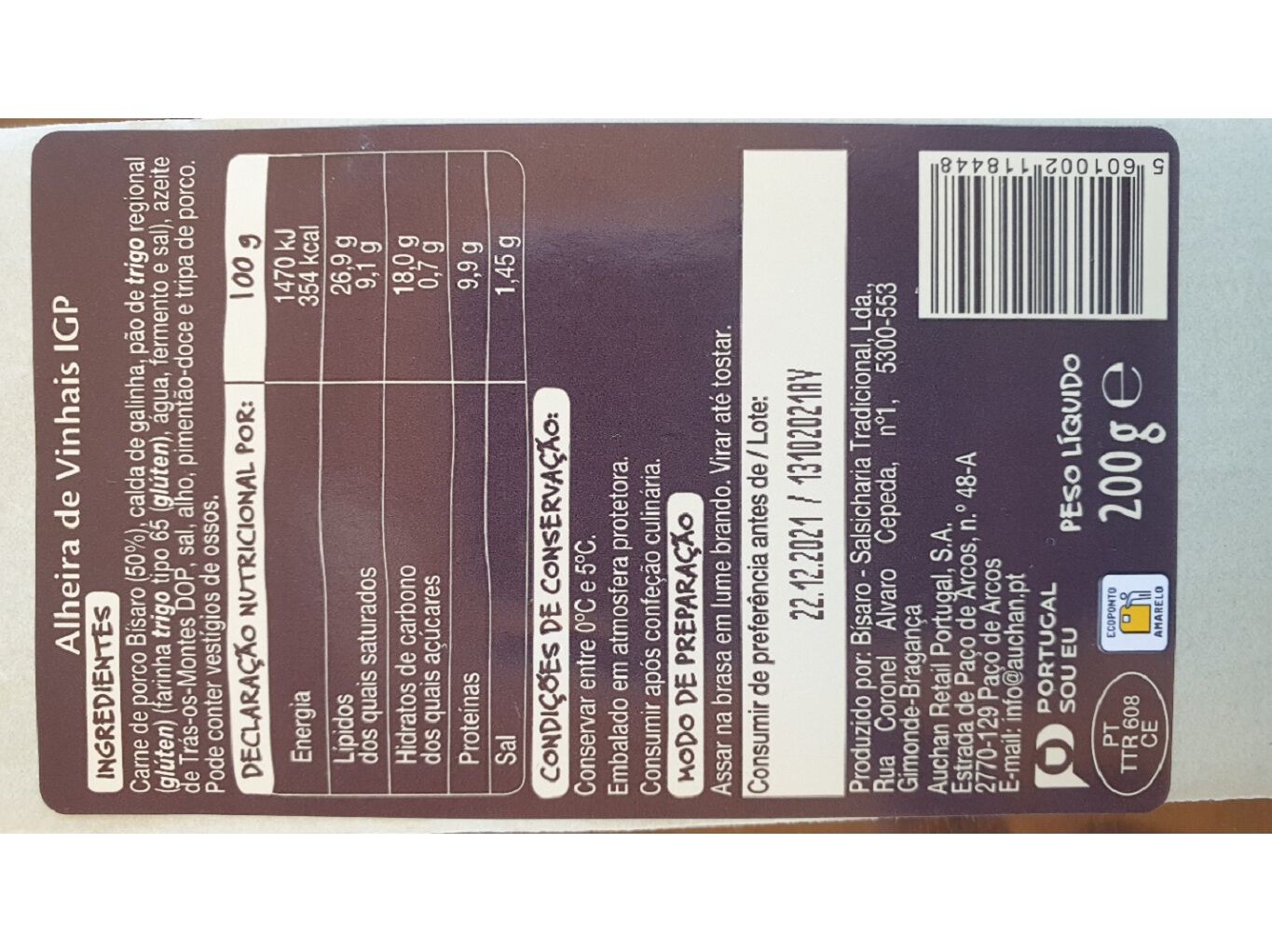 ALHEIRA DE VINHAIS IGP AUCHAN &Agrave; MESA EM PORTUGAL CULTIVAMOS O BOM 200G image number 1