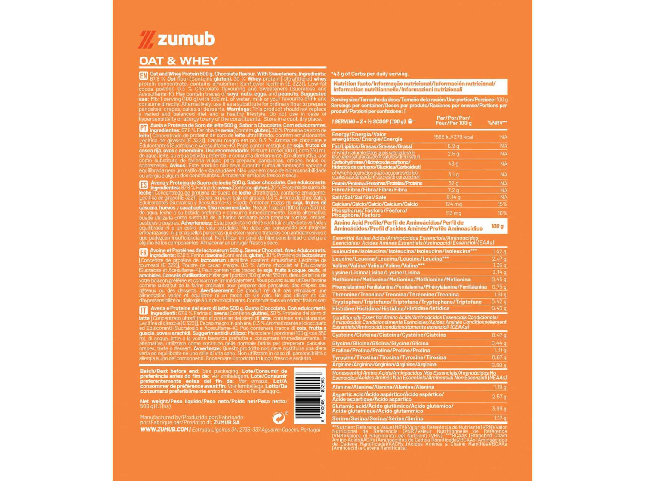 PROTEINA ZUMUB AVEIA & WHEY CHOCOLATE 500G image number 1
