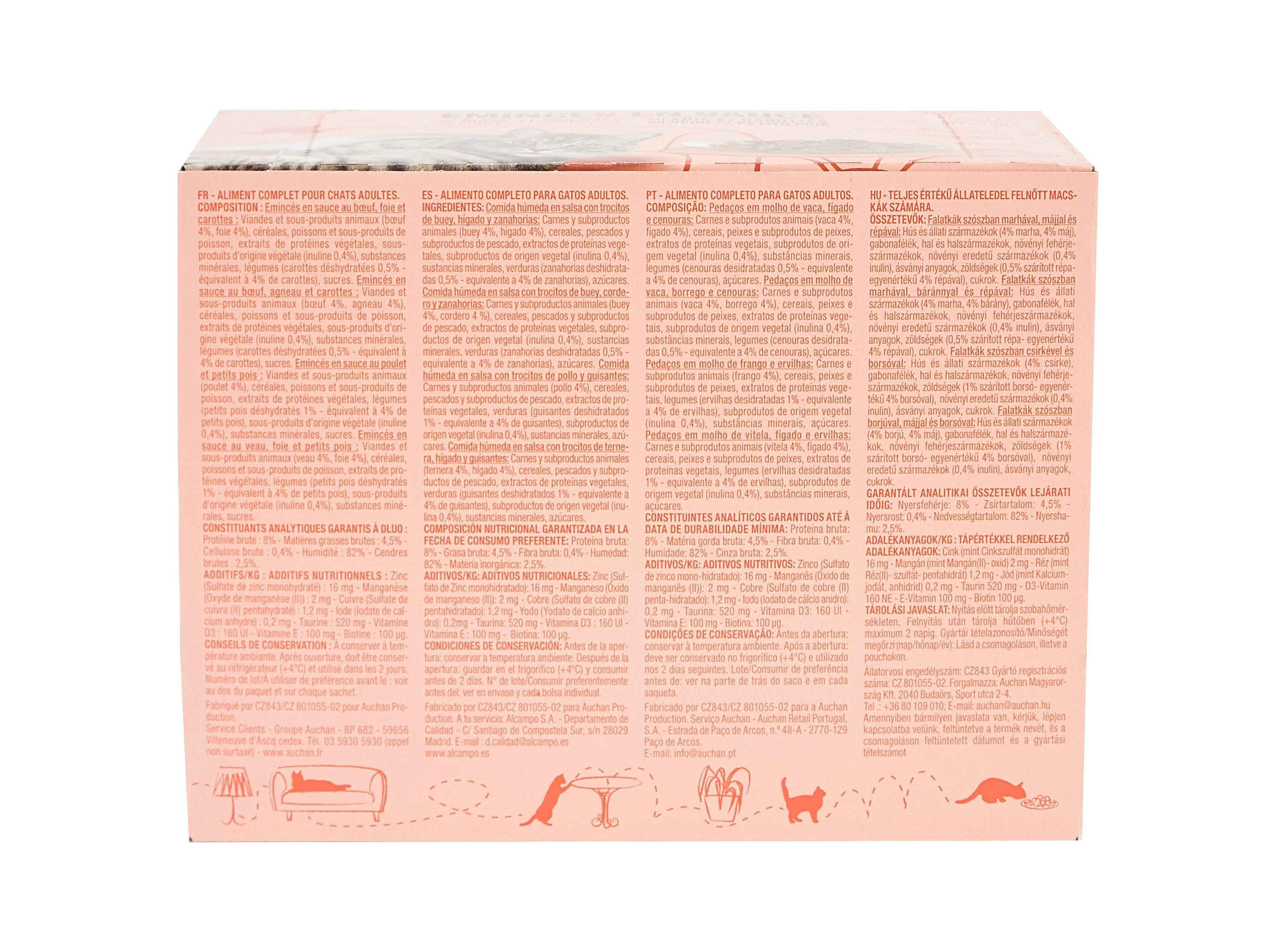 COMIDA H&Uacute;MIDA PARA GATO AUCHAN SAQUETAS PEDA&Ccedil;OS EM MOLHO CARNES 12X100G image number 1