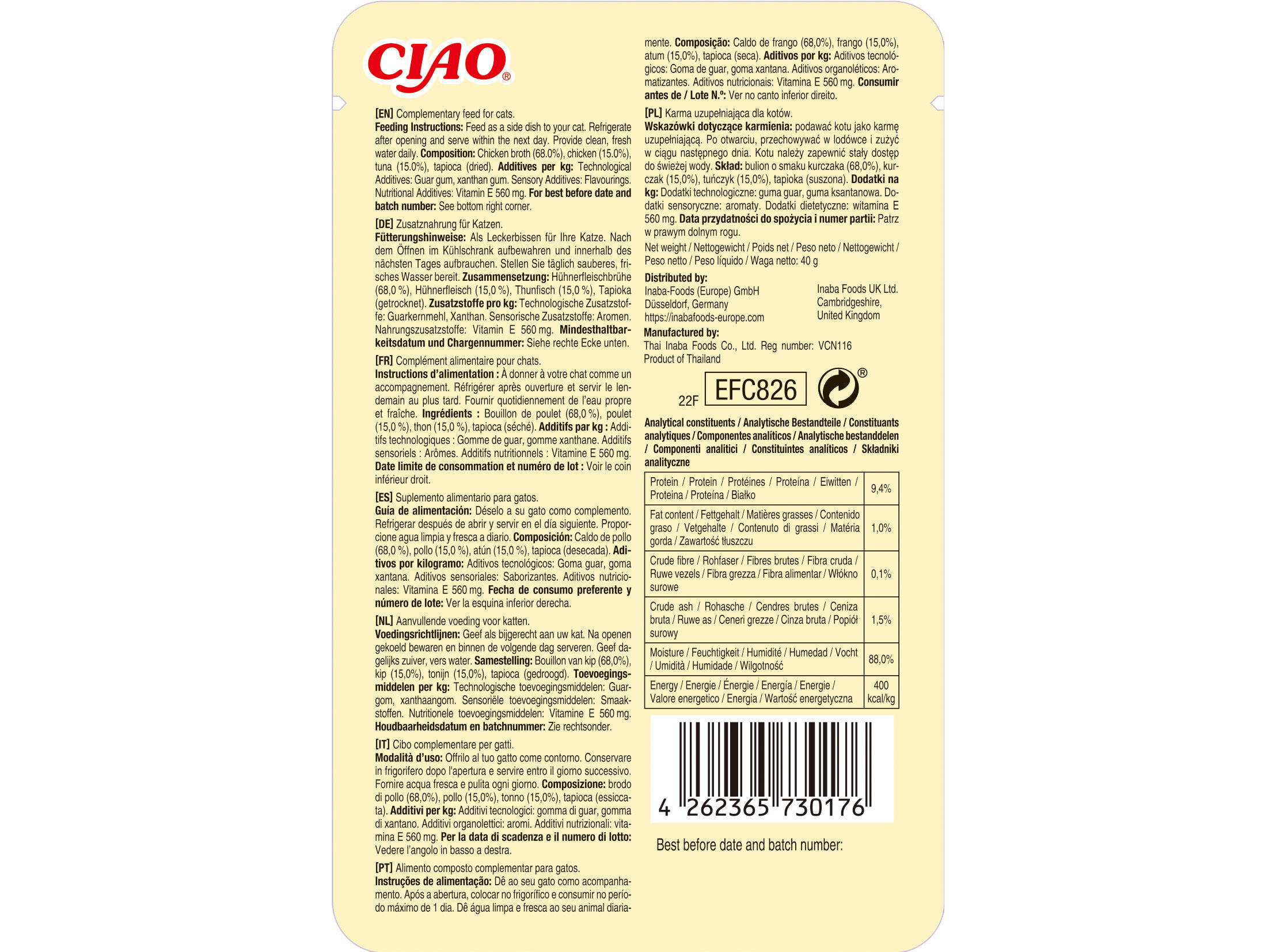 COMIDA H&Uacute;MIDA GATO CIAO BROTH FRANGO E ATUM 40G image number 1