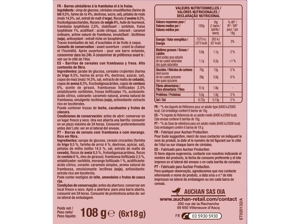 BARRA DE CEREAIS AUCHAN FRAMBOESA E MORANGO 6UN 108G image number 1