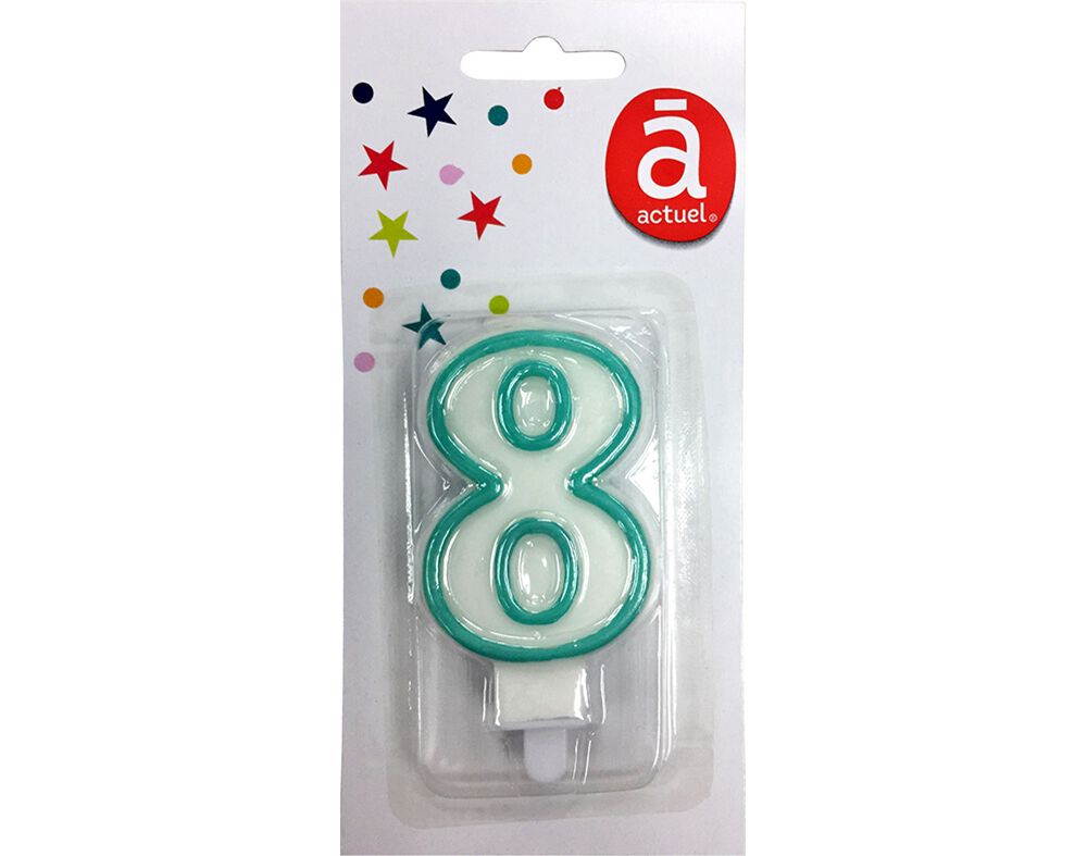 VELA DE ANIVERS&Aacute;RIO ACTUEL BRANCO COM REBORDO AZUL N&Uacute;MERO 8