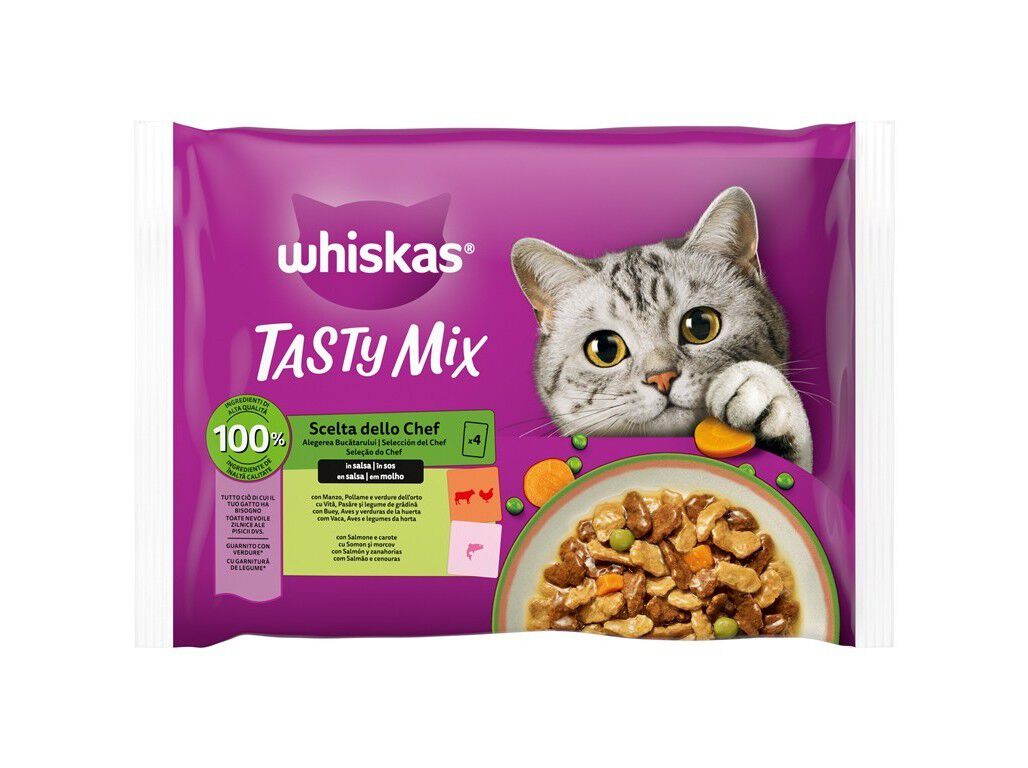 COMIDA H&Uacute;MIDA PARA GATO WHISKAS TASTY MIX CHEF 4X85G