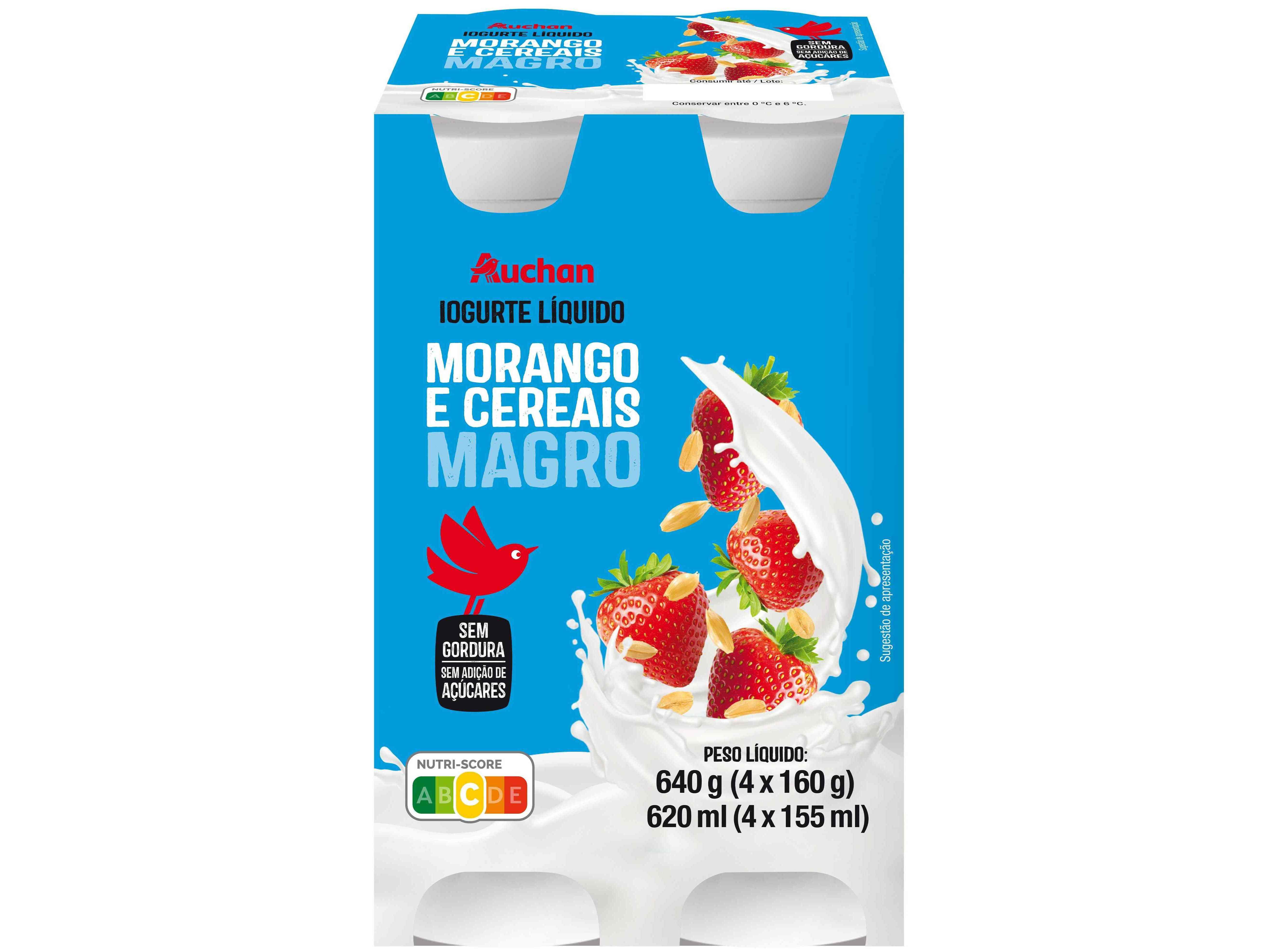 IOGURTE L&Iacute;QUIDO MAGRO AUCHAN MORANGO E CEREAIS 4X160G
