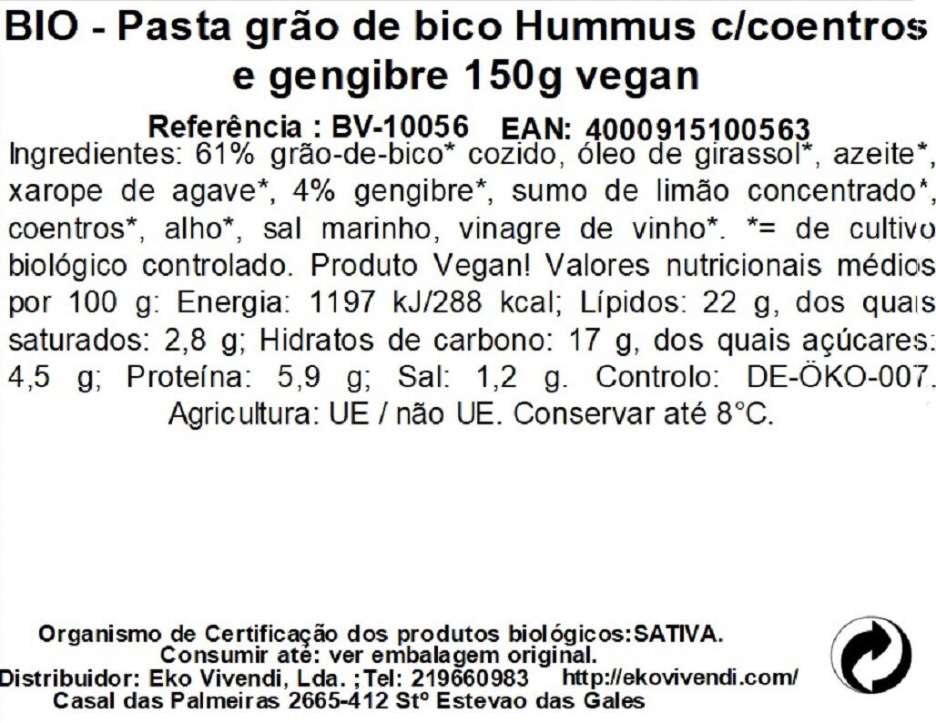 HUMMUS BIO VERDE COENTROS E GENGIBRE BIO 150G image number 1