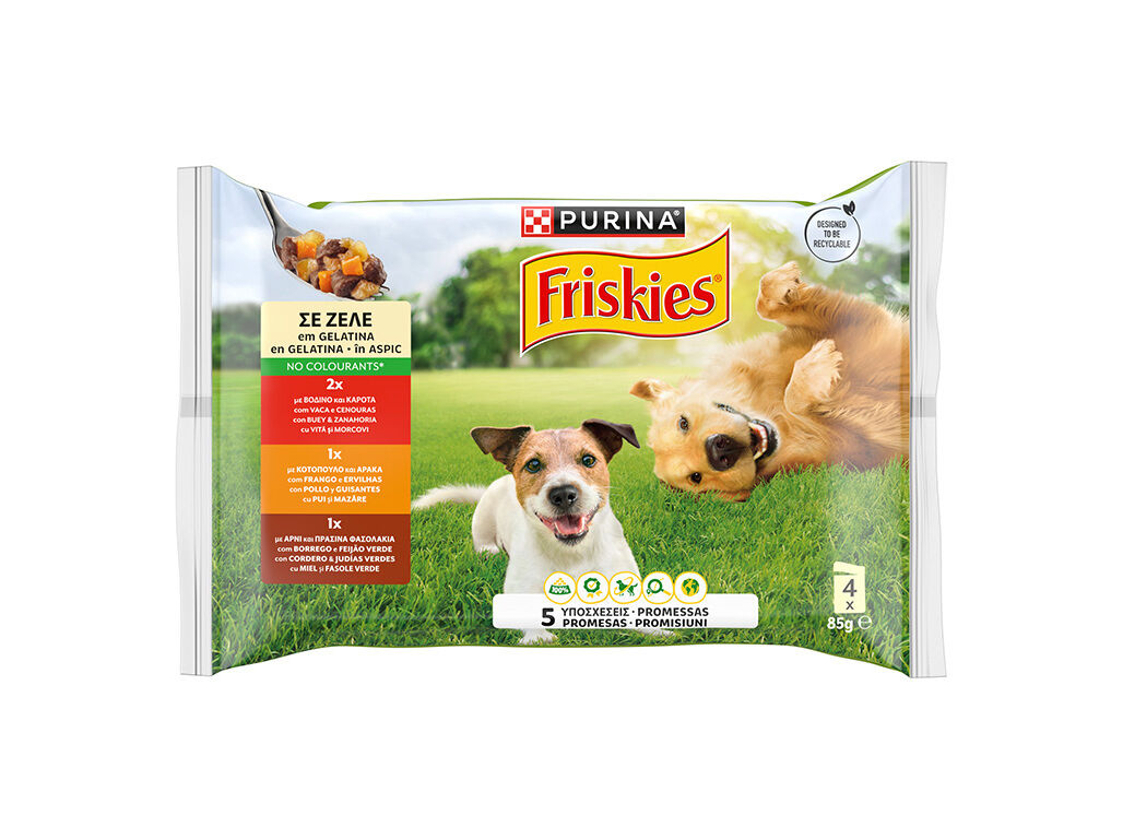 COMIDA H&Uacute;MIDA C&Atilde;O ADULTO FRISKIES GELATINA VACA/FRANGO/BORREGO 4X85G image number 1