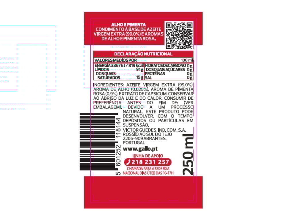 CONDIMENTO AZEITE GALLO VIRGEM EXTRA ALHO PIMENTA 250ML image number 1