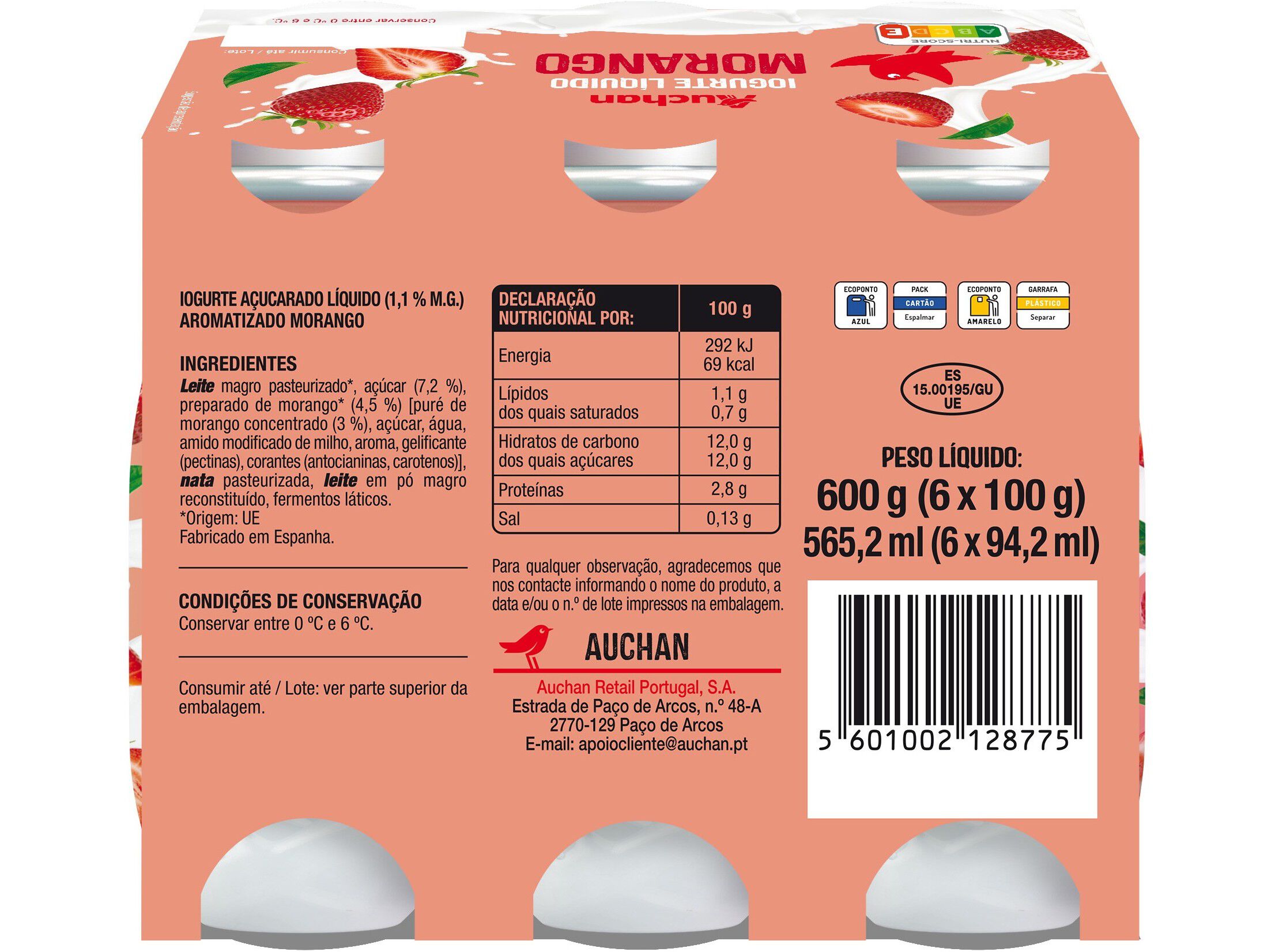 IOGURTE L&Iacute;QUIDO AUCHAN MORANGO 6X100G image number 1
